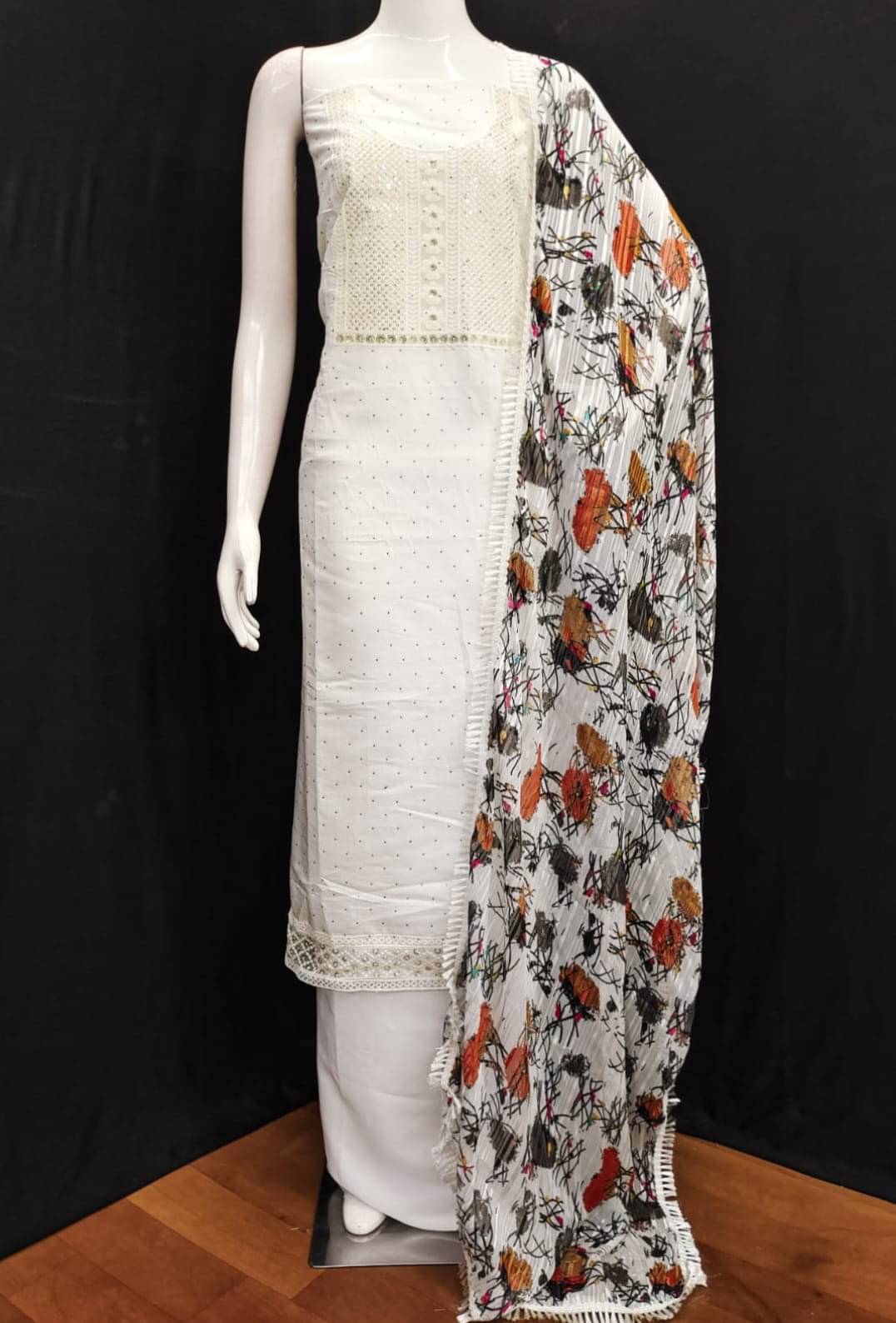 ALSHOP Unstitched Cotton Blend Embellished Dress Material - White ( Pack of 1 ) ALSHOP Unstitched Cotton Blend Embellished Dress Material - White ( Pack of 1 )