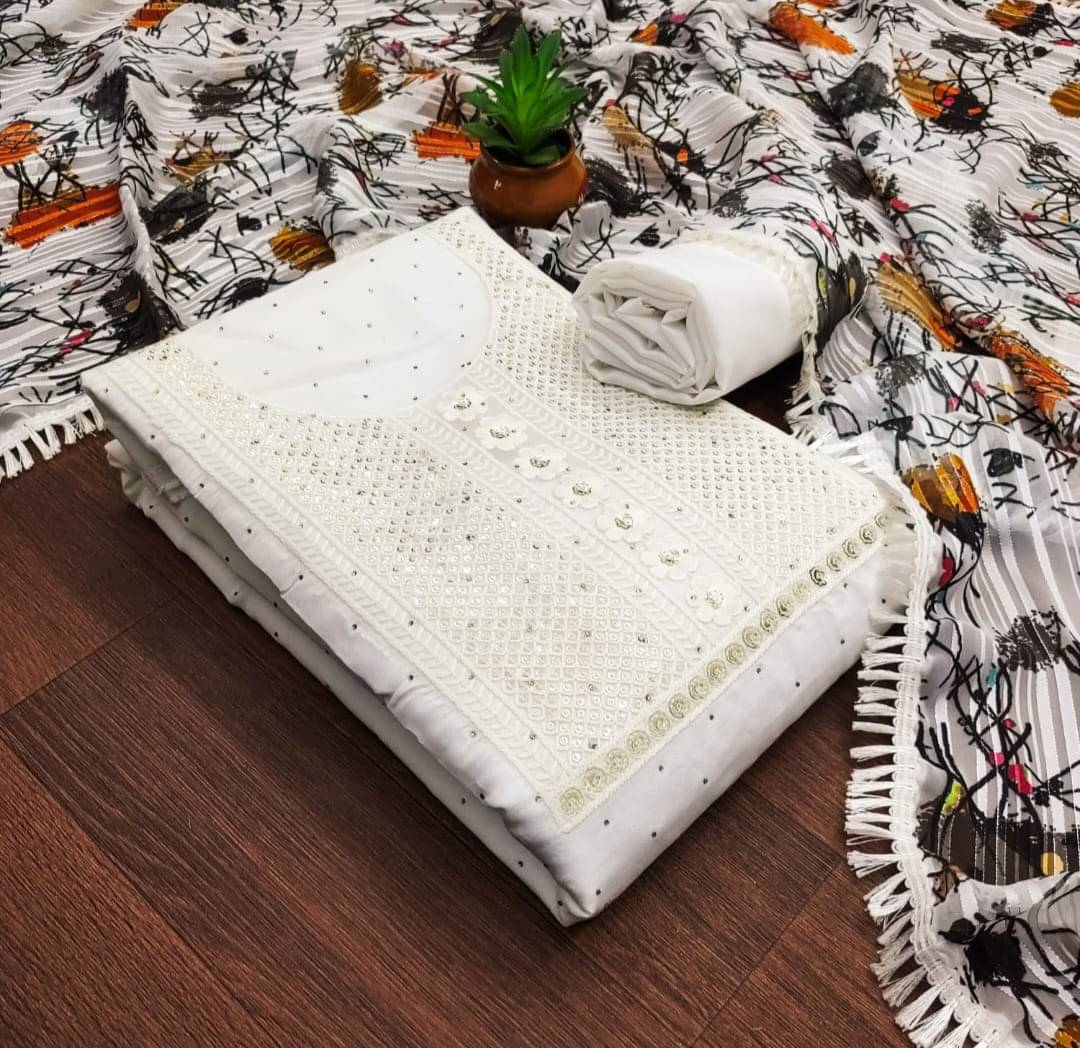 ALSHOP Unstitched Silk Embroidered Dress Material - White ( Pack of 1 ) ALSHOP Unstitched Silk Embroidered Dress Material - White ( Pack of 1 )