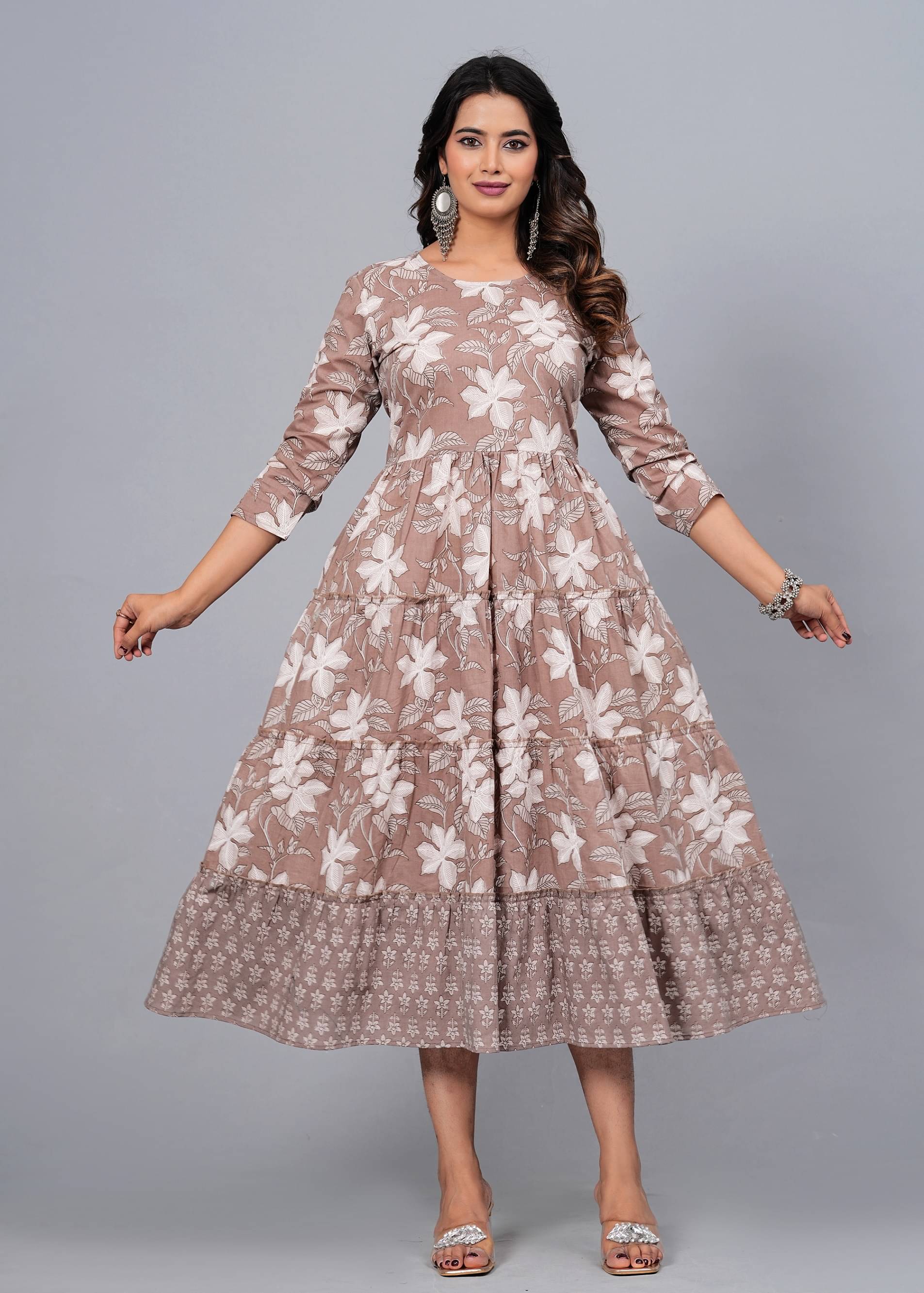 CTMTEX Rayon Flex Printed Anarkali Women's Kurti - Brown,White ( Pack of 1 ) CTMTEX Rayon Flex Printed Anarkali Women's Kurti - Brown,White ( Pack of 1 )