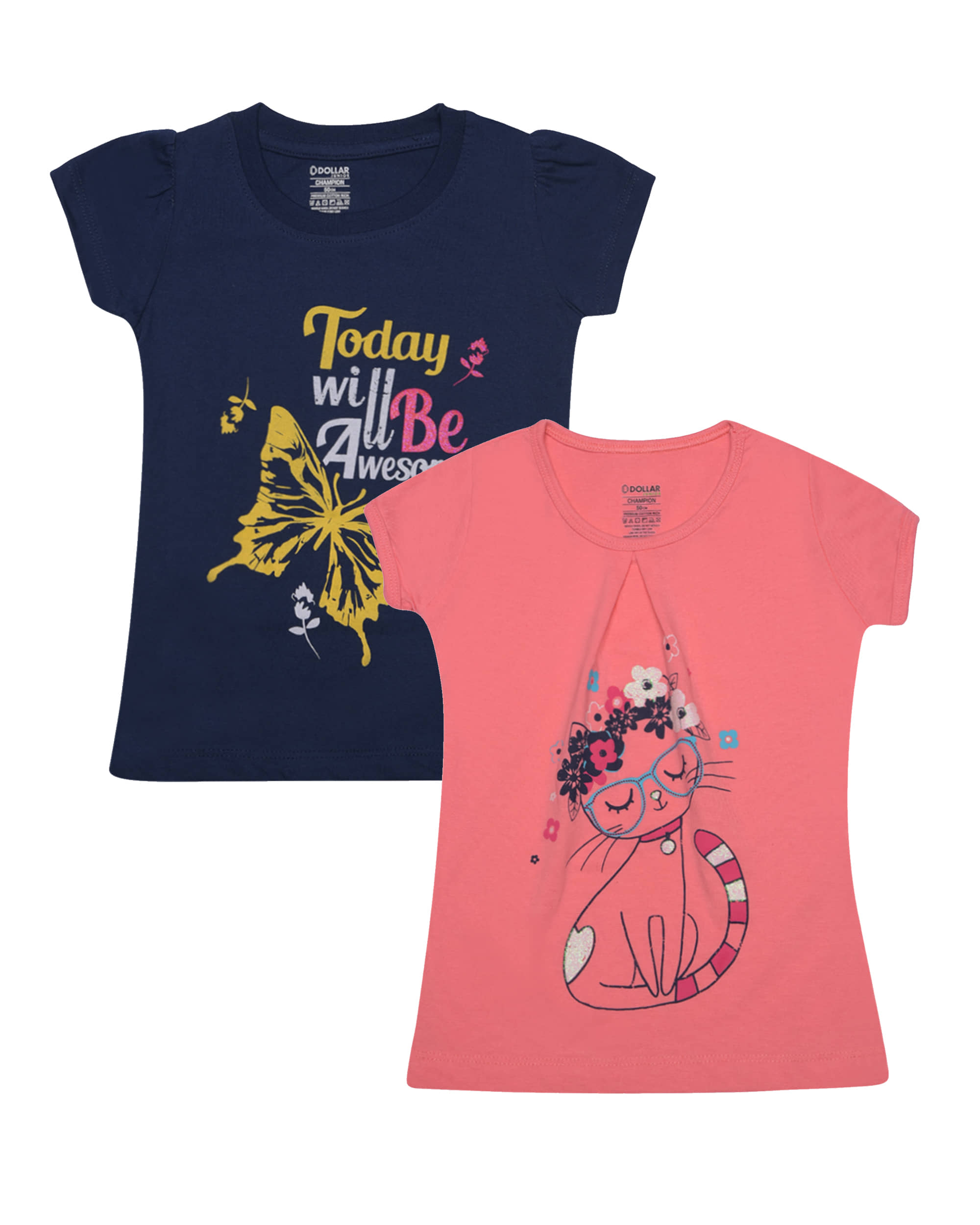 Dollar Champion Kidswear Pack of 2 Girls Cotton T-Shirt ( Multicolor )