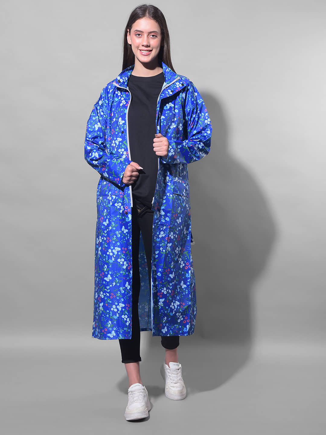 Dollar Polyester Long Raincoat - Blue