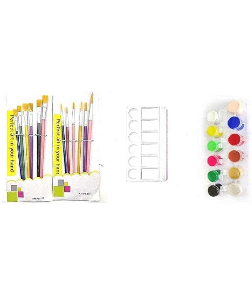     			ECLET Combo 12 Painting Brush ( 6 Round + 6 Flat )+ Color Plate +12 Shade Tempra Colors/Paints/Water Colours for Painting/Kids/Colour Paints/Drawing for Kids