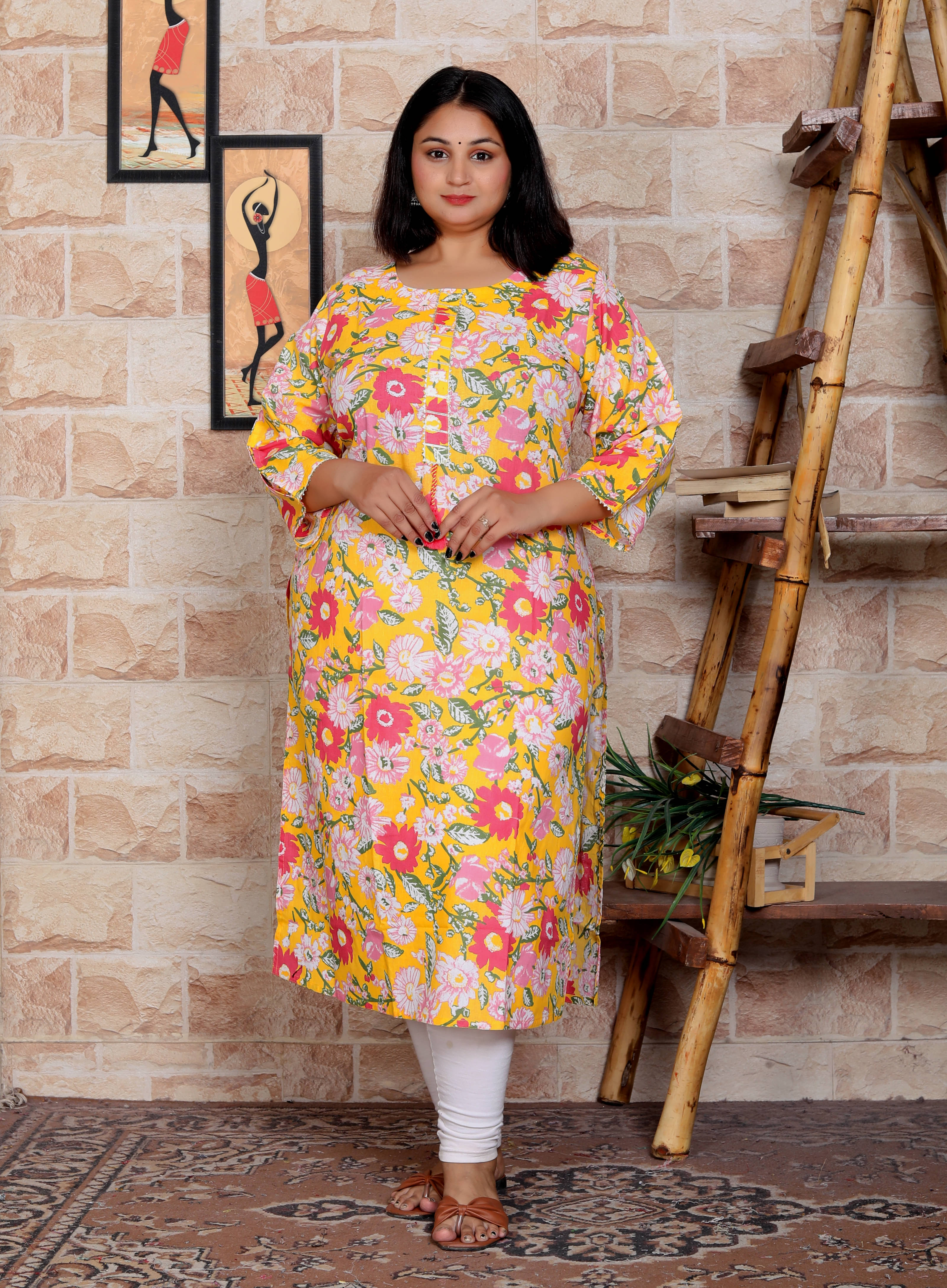 JC4U Cotton Blend Printed Straight Women's Kurti - Multicoloured ( Pack of 1 )     			JC4U Cotton Blend Printed Straight Women's Kurti - Multicoloured ( Pack of 1 )