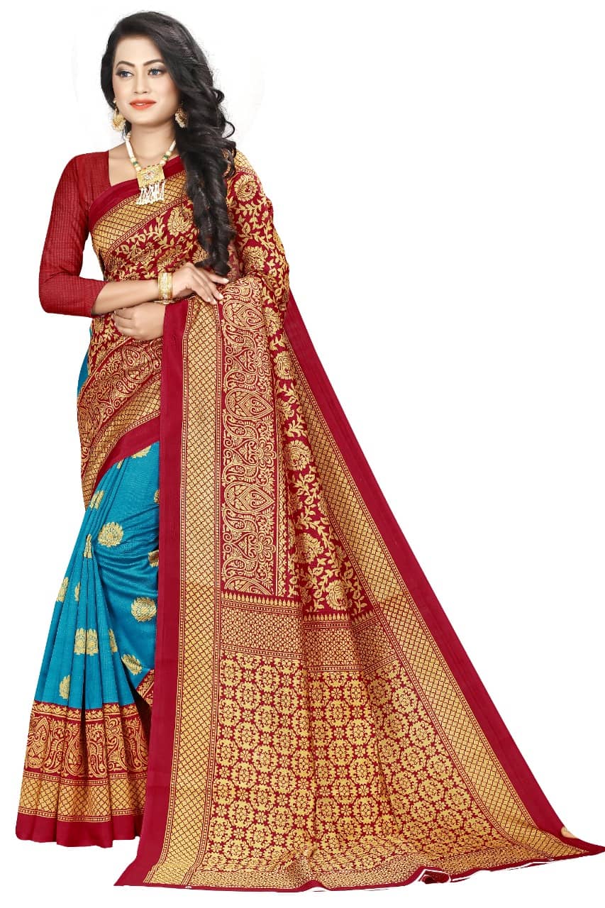 Kanooda Prints Art Silk Printed Saree With Unstitched Blouse Piece ( Teal ) - Sarees | Buy online on ZillyBuy