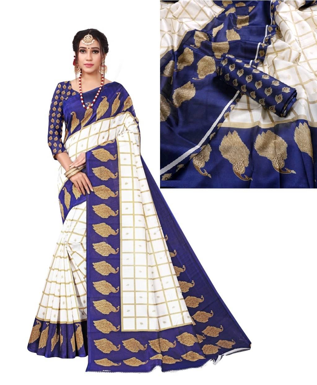     			Kanooda Prints Art Silk Printed Saree With Unstitched Blouse Piece ( Navy Blue )