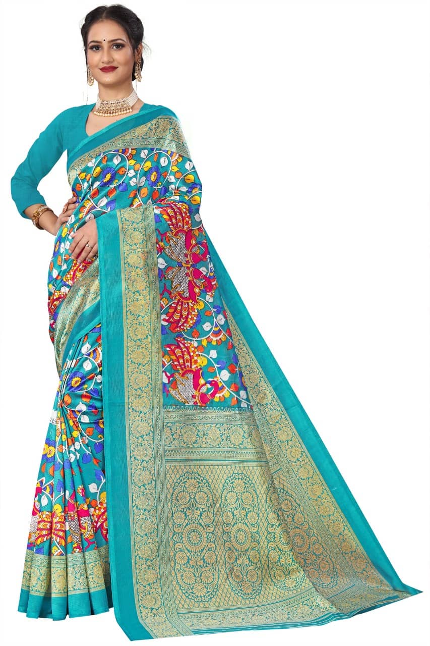 Kanooda Prints Art Silk Printed Saree With Unstitched Blouse Piece ( Teal ) - Sarees | Buy online on ZillyBuy
