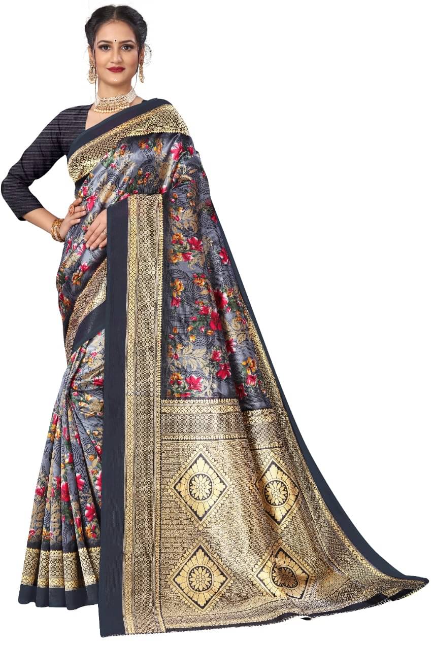     			Kanooda Prints Art Silk Printed Saree With Unstitched Blouse Piece ( Grey )
