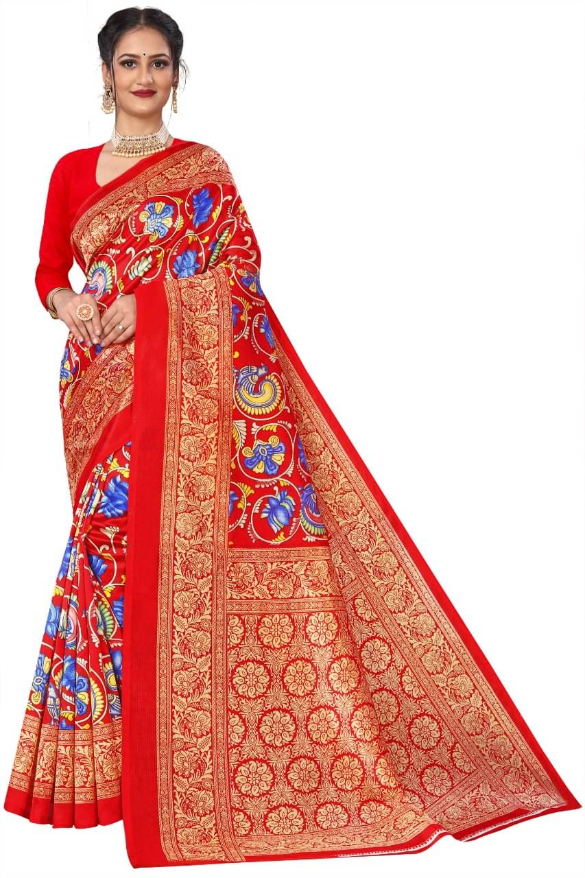Kanooda Prints Art Silk Printed Saree With Unstitched Blouse Piece ( Red )     			Kanooda Prints Art Silk Printed Saree With Unstitched Blouse Piece ( Red )