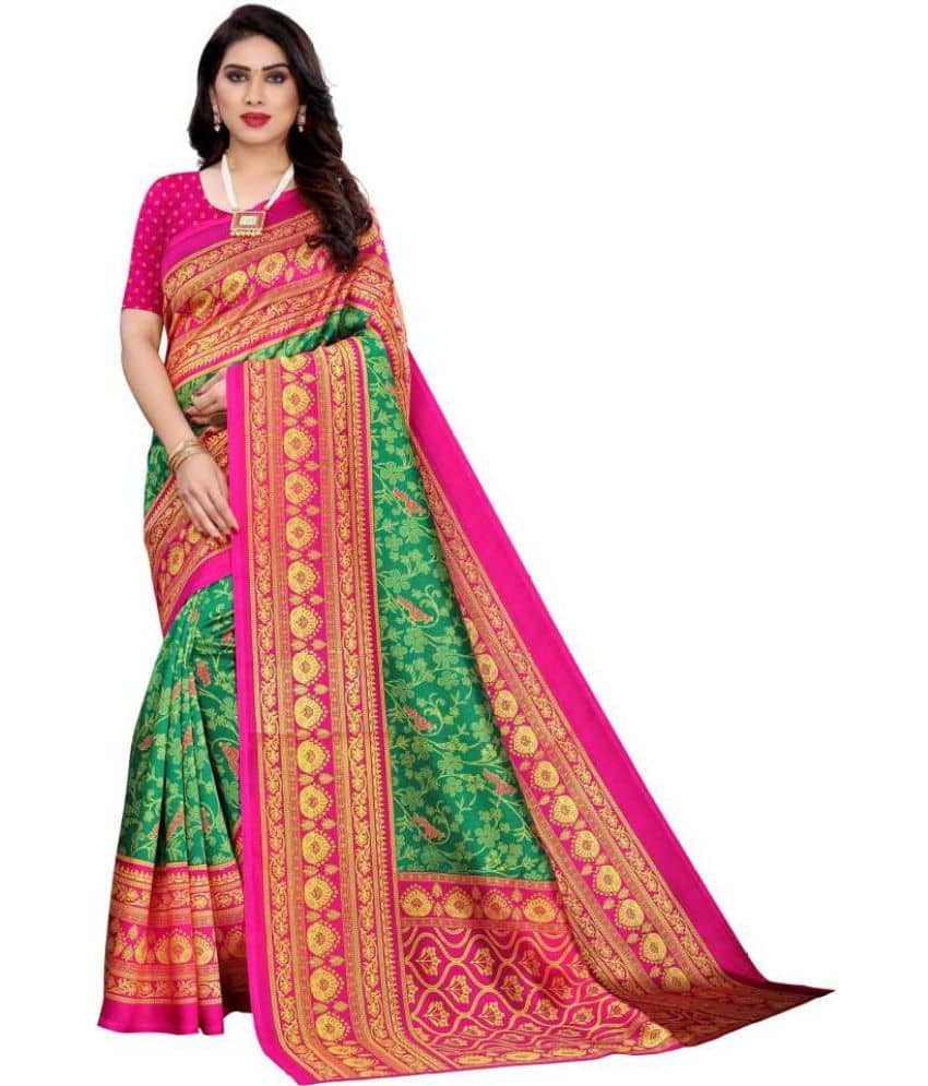 Kanooda Prints Art Silk Printed Saree With Unstitched Blouse Piece ( Light Green )