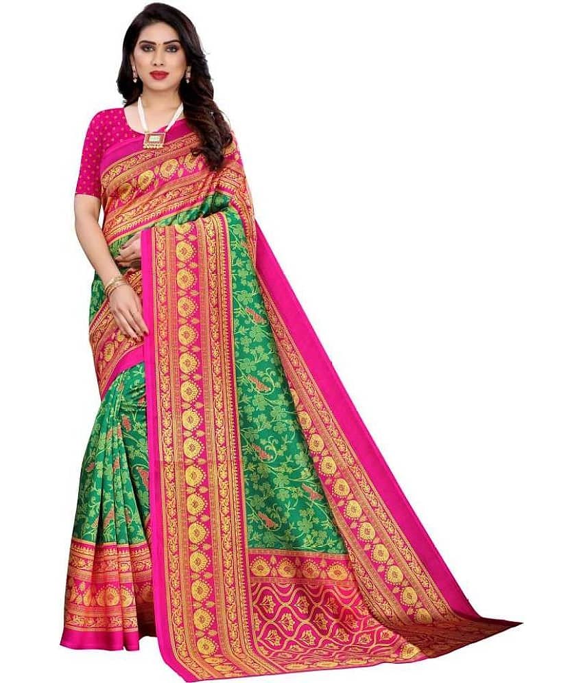 Kanooda Prints Art Silk Printed Saree With Unstitched Blouse Piece ( Light Green )