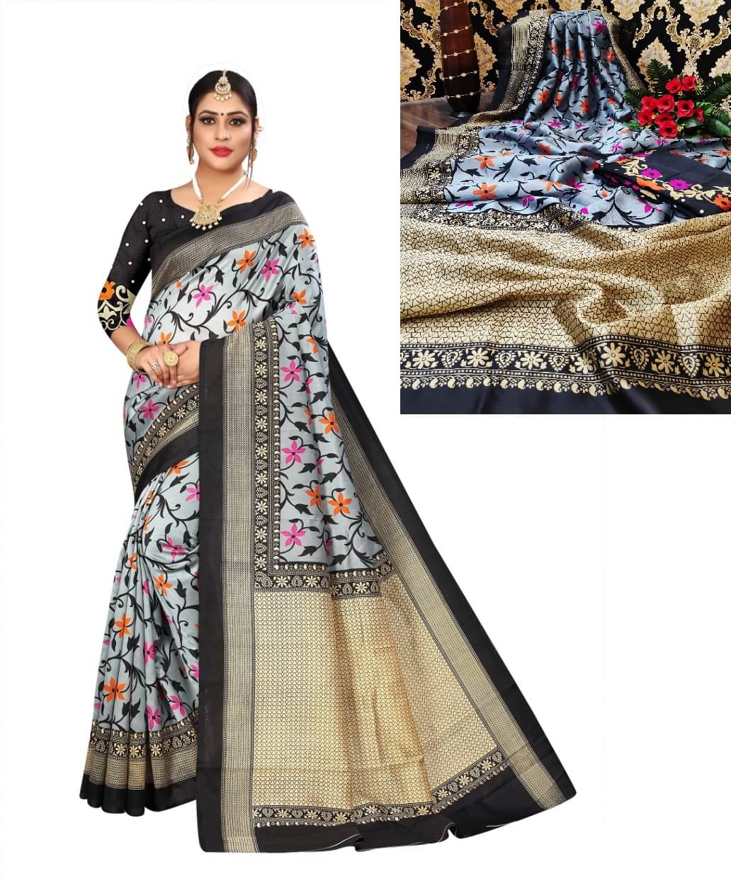 Kanooda Prints Art Silk Printed Saree With Unstitched Blouse Piece ( Grey ) Kanooda Prints Art Silk Printed Saree With Unstitched Blouse Piece ( Grey )
