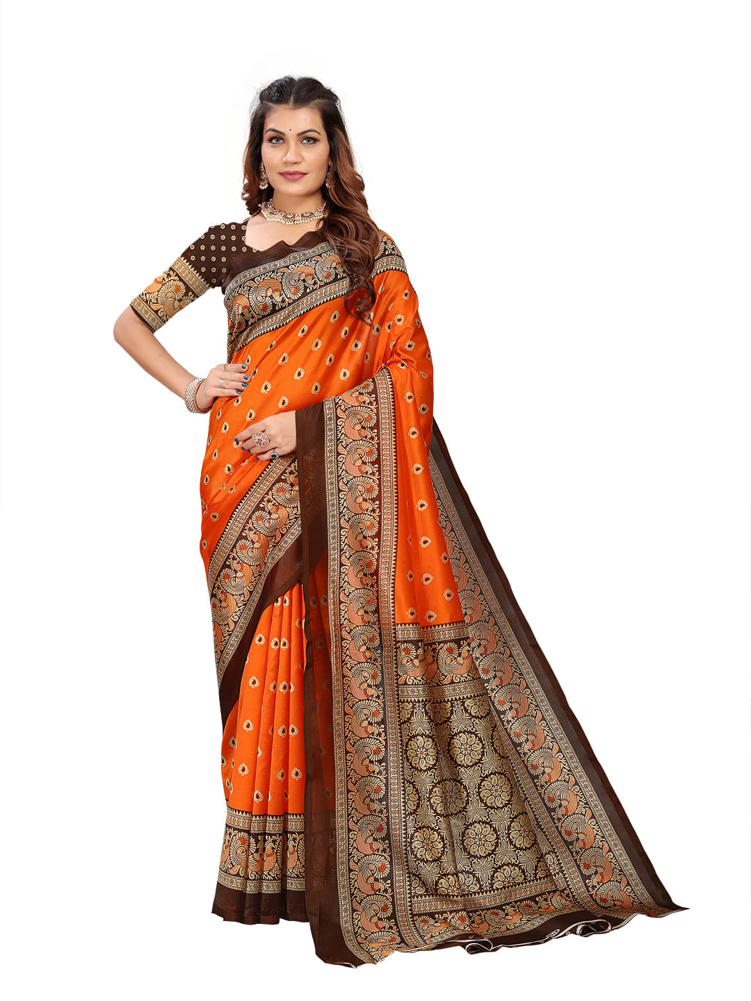     			Kanooda Prints Art Silk Printed Saree With Unstitched Blouse Piece ( Brown )