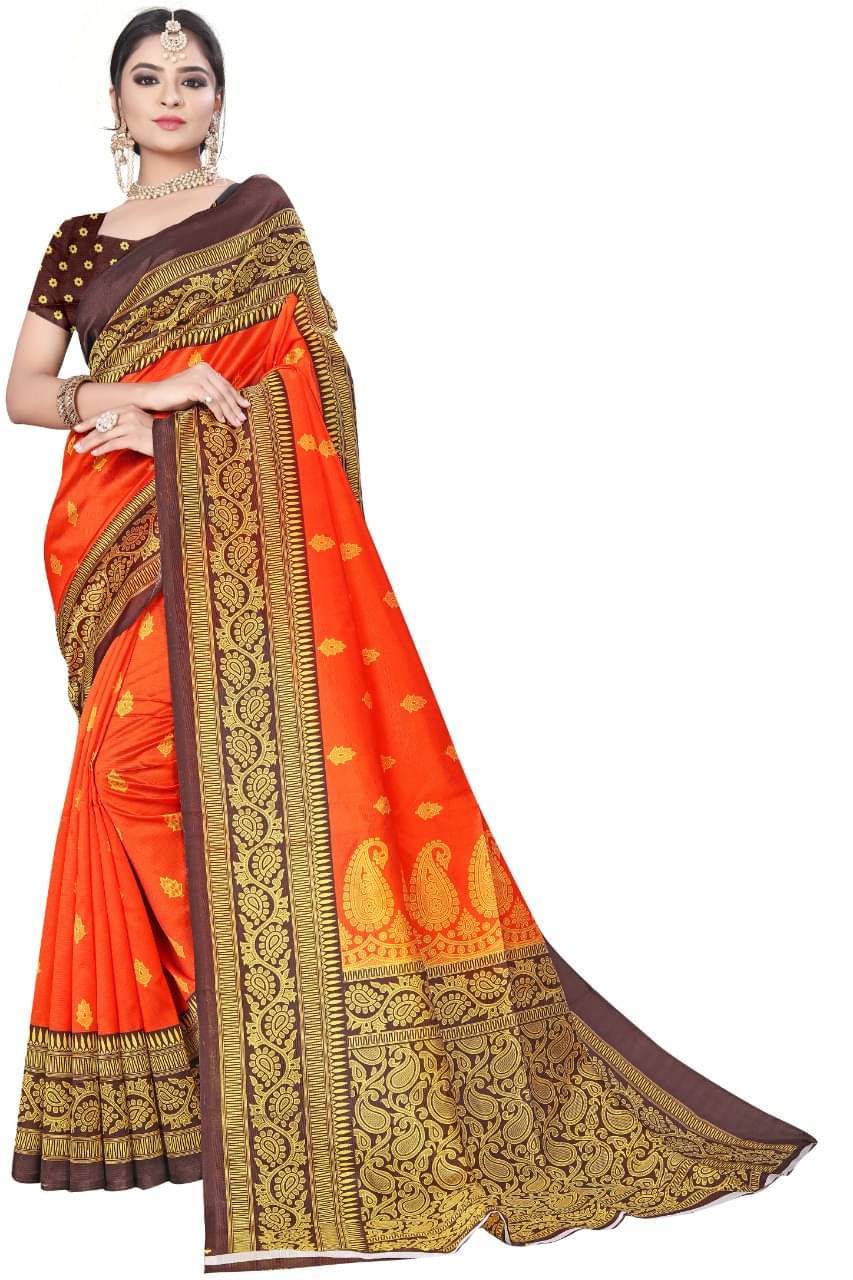 Kanooda Prints Art Silk Printed Saree With Unstitched Blouse Piece ( Orange )     			Kanooda Prints Art Silk Printed Saree With Unstitched Blouse Piece ( Orange )