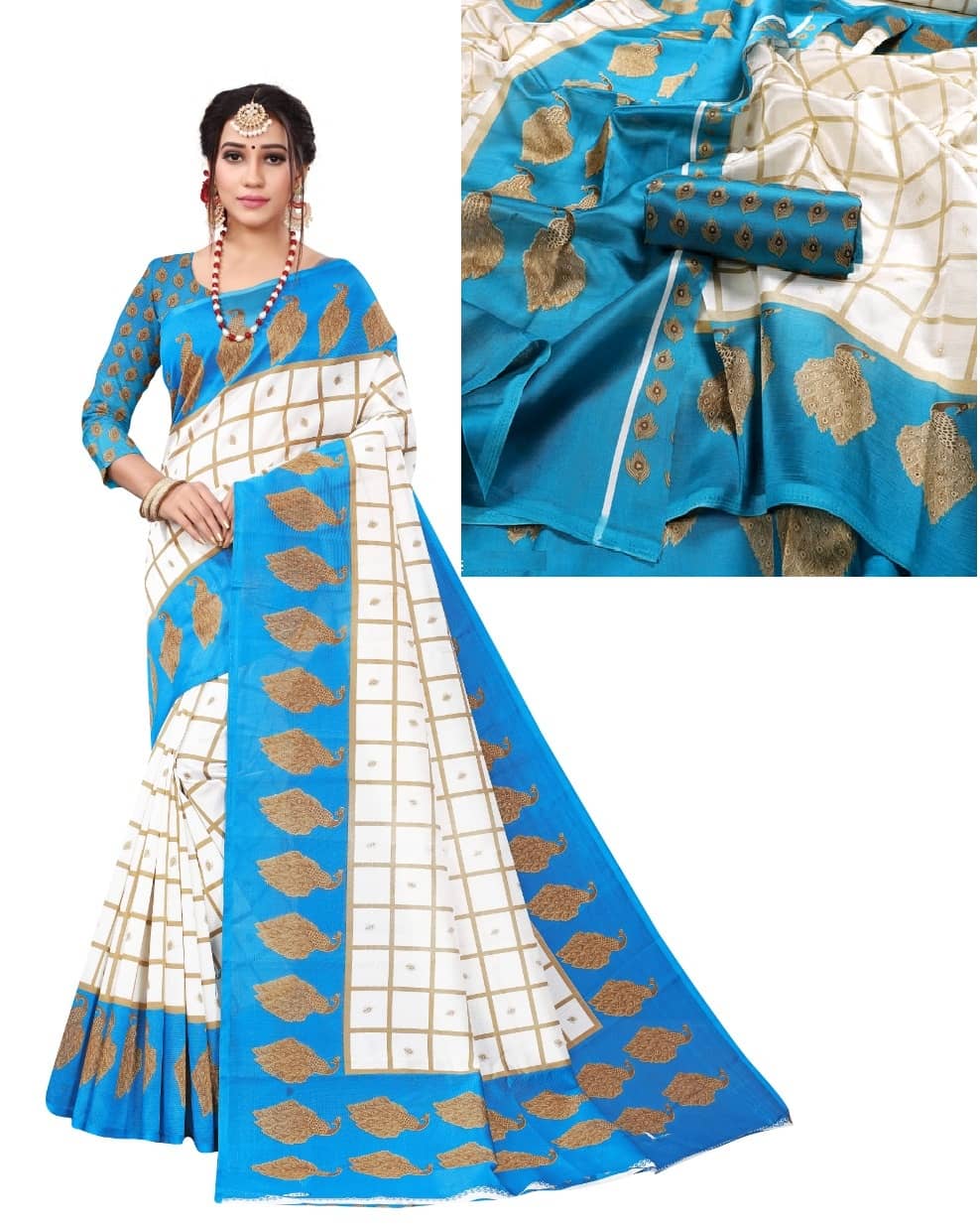 Kanooda Prints Art Silk Printed Saree With Unstitched Blouse Piece ( Teal ) - Sarees | Buy online on ZillyBuy