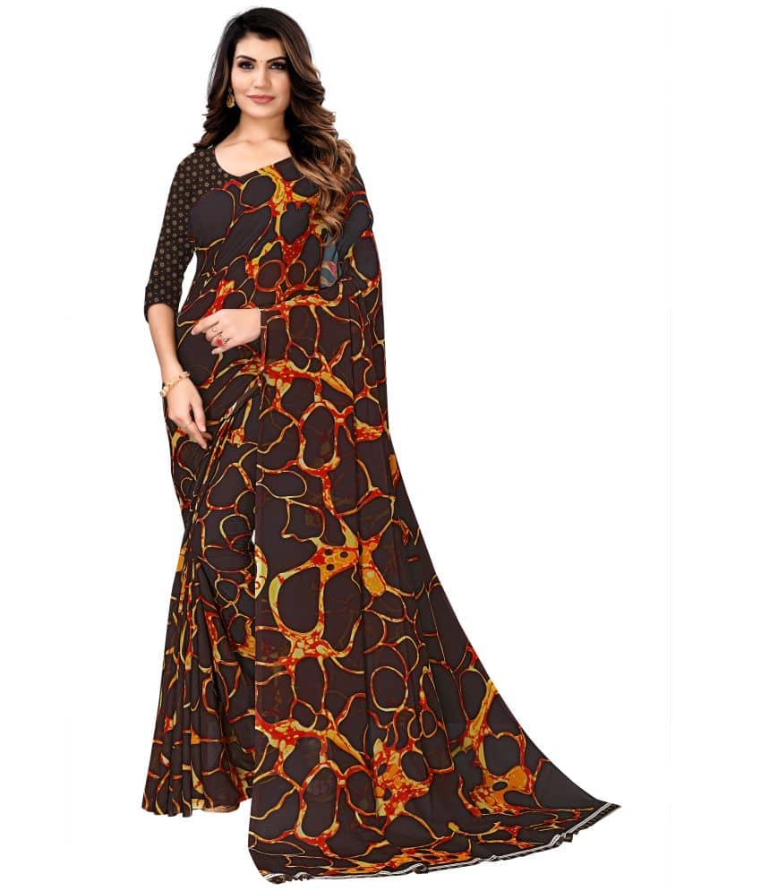 Kanooda Prints Georgette Printed Saree With Unstitched Blouse Piece ( Coffee ) - Sarees | Buy online on ZillyBuy