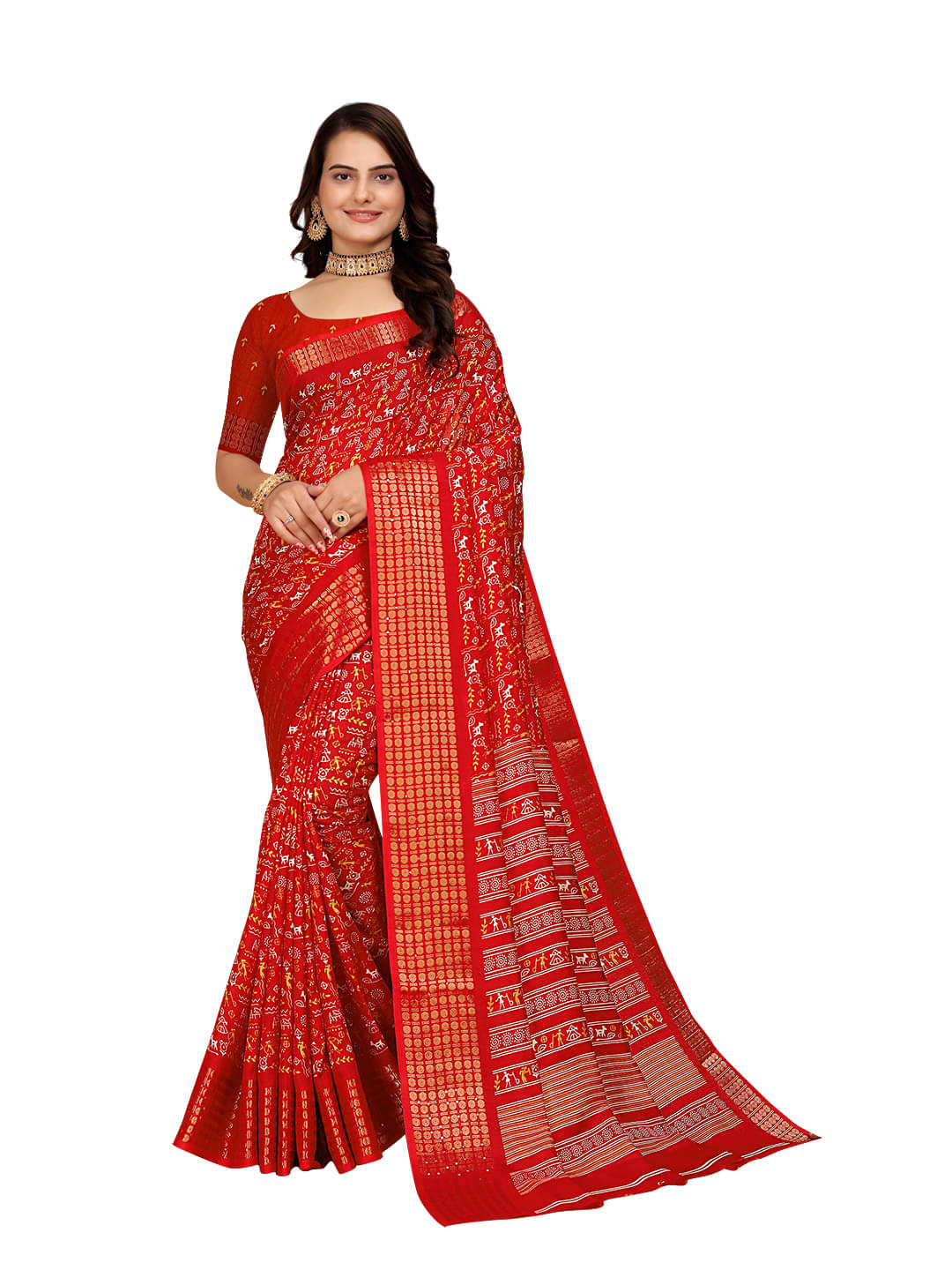Kanooda Prints Silk Printed Saree With Unstitched Blouse Piece ( Red ) Kanooda Prints Silk Printed Saree With Unstitched Blouse Piece ( Red )