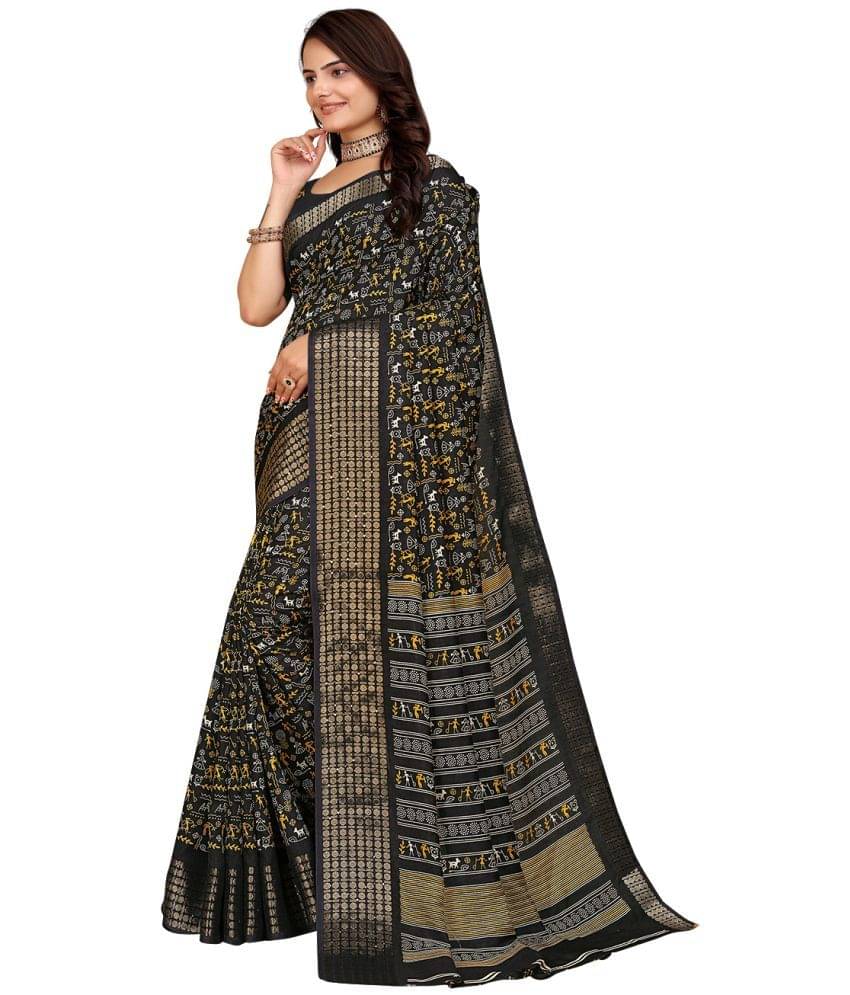 Kanooda Prints Silk Printed Saree With Unstitched Blouse Piece ( Black ) Kanooda Prints Silk Printed Saree With Unstitched Blouse Piece ( Black )