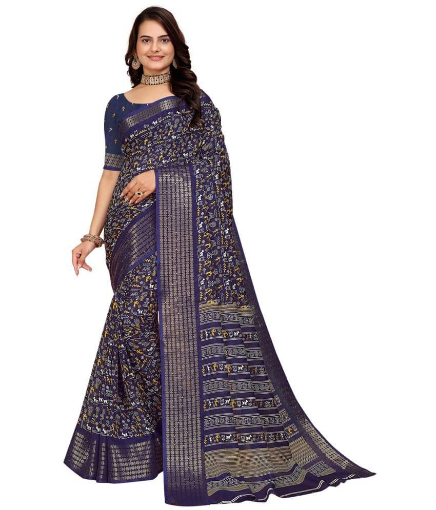 Kanooda Prints Silk Printed Saree With Unstitched Blouse Piece ( Navy Blue )     			Kanooda Prints Silk Printed Saree With Unstitched Blouse Piece ( Navy Blue )
