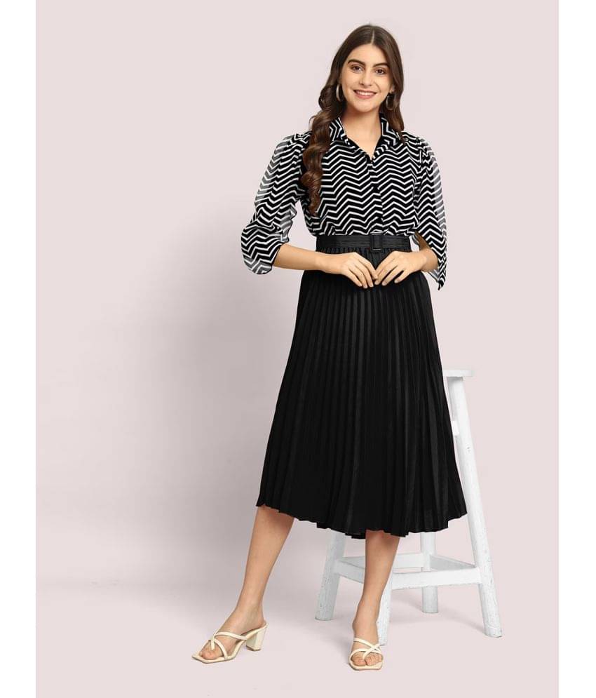 Krunal Raiyani Polyester Printed Knee Length Women's Fit & Flare Dress - Black ( Pack of 1 ) Krunal Raiyani Polyester Printed Knee Length Women's Fit & Flare Dress - Black ( Pack of 1 )