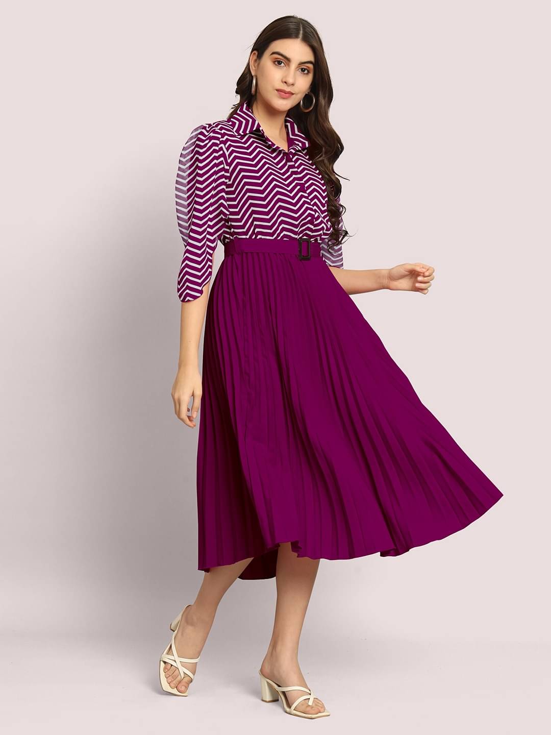 Krunal Raiyani Polyester Printed Midi Women's Fit & Flare Dress - Purple ( Pack of 1 ) Krunal Raiyani Polyester Printed Midi Women's Fit & Flare Dress - Purple ( Pack of 1 )