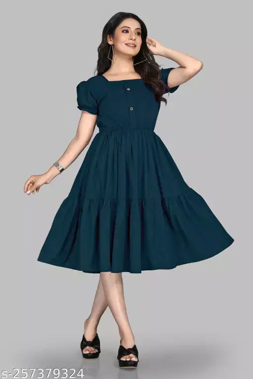     			Krunal Raiyani Women Polyester Solid Fit & Flare Dress ( Blue )
