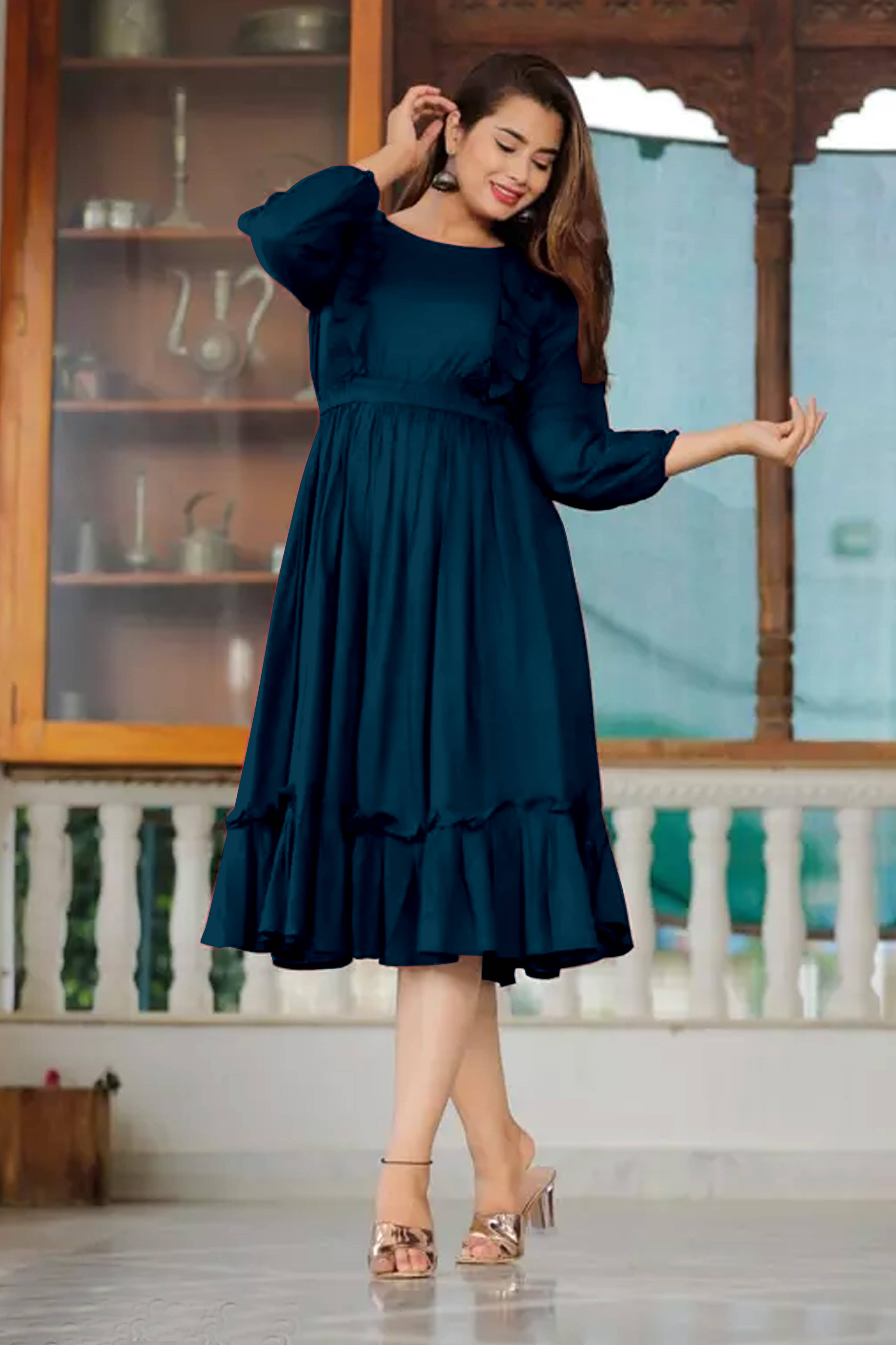 Krunal Raiyani Women Polyester Solid Fit & Flare Dress ( Blue ) Krunal Raiyani Women Polyester Solid Fit & Flare Dress ( Blue )