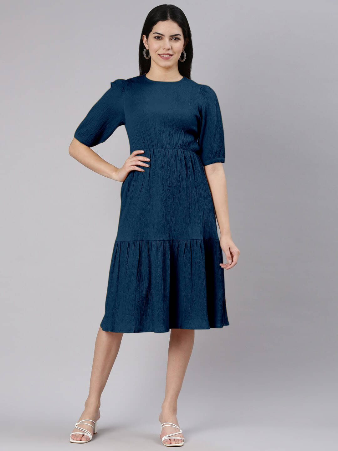 Krunal Raiyani Women Polyester Solid Fit & Flare Dress ( Blue ) Krunal Raiyani Women Polyester Solid Fit & Flare Dress ( Blue )