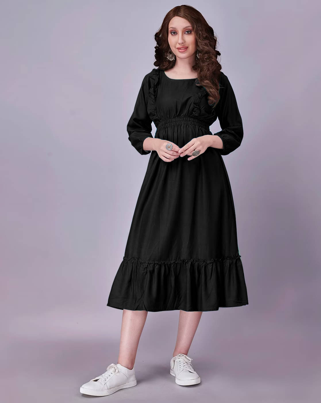 Krunal Raiyani Women Polyester Solid Fit & Flare Dress ( Black ) Krunal Raiyani Women Polyester Solid Fit & Flare Dress ( Black )