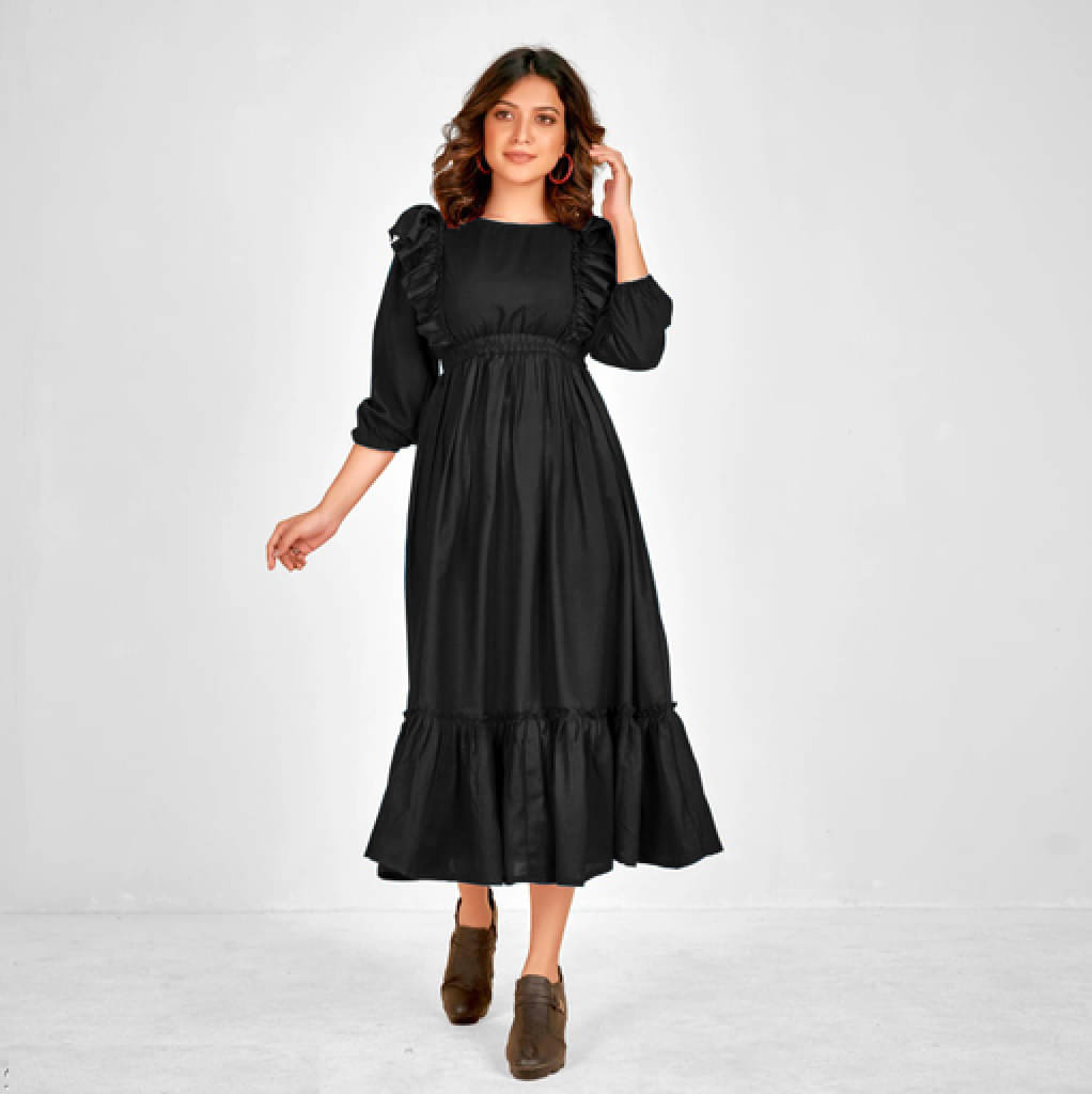 Krunal Raiyani Women Polyester Solid Fit & Flare Dress ( Black ) Krunal Raiyani Women Polyester Solid Fit & Flare Dress ( Black )