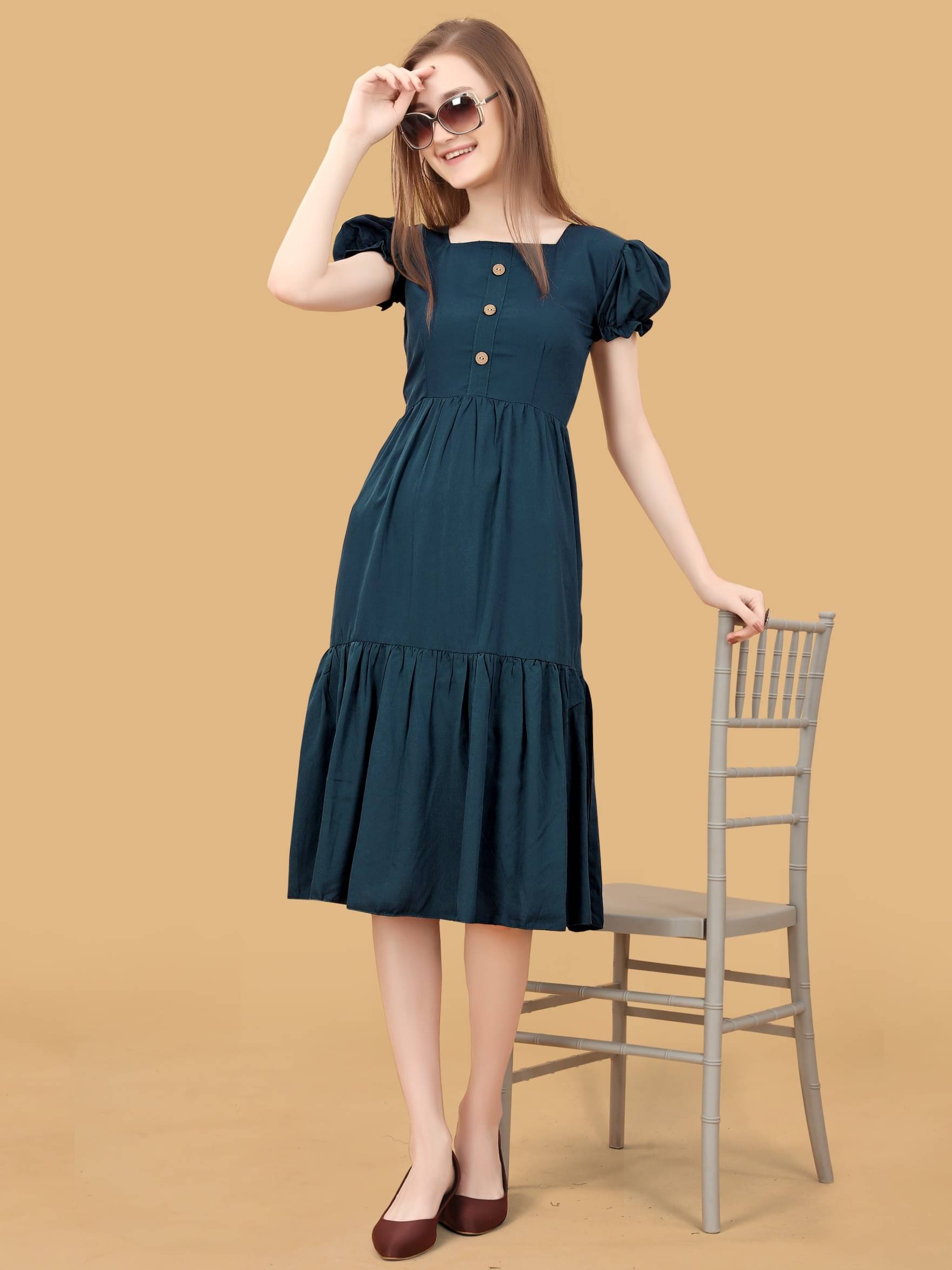 Krunal Raiyani Women Polyester Solid Fit & Flare Dress ( Blue ) Krunal Raiyani Women Polyester Solid Fit & Flare Dress ( Blue )
