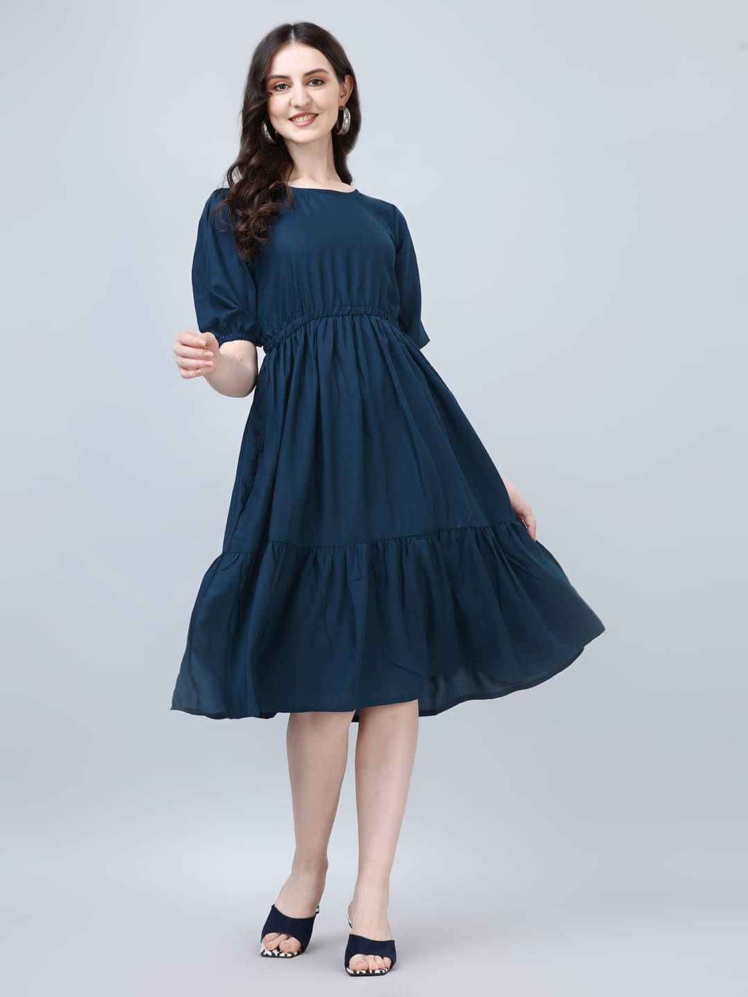 Krunal Raiyani Women Polyester Solid Fit & Flare Dress ( Blue ) Krunal Raiyani Women Polyester Solid Fit & Flare Dress ( Blue )