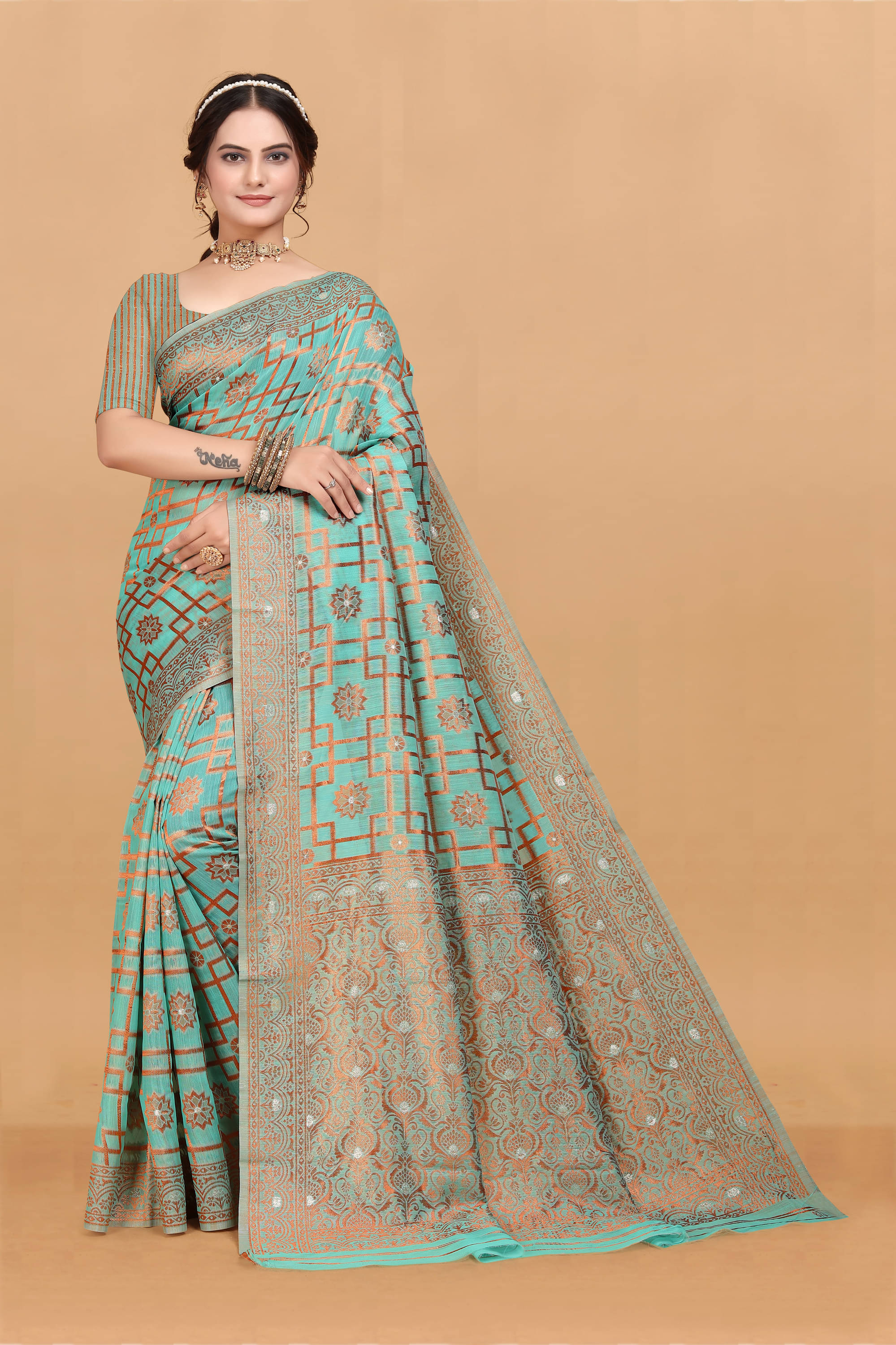     			NENCY FASHION Linen Woven Saree With Unstitched Blouse Piece ( Sea Green )