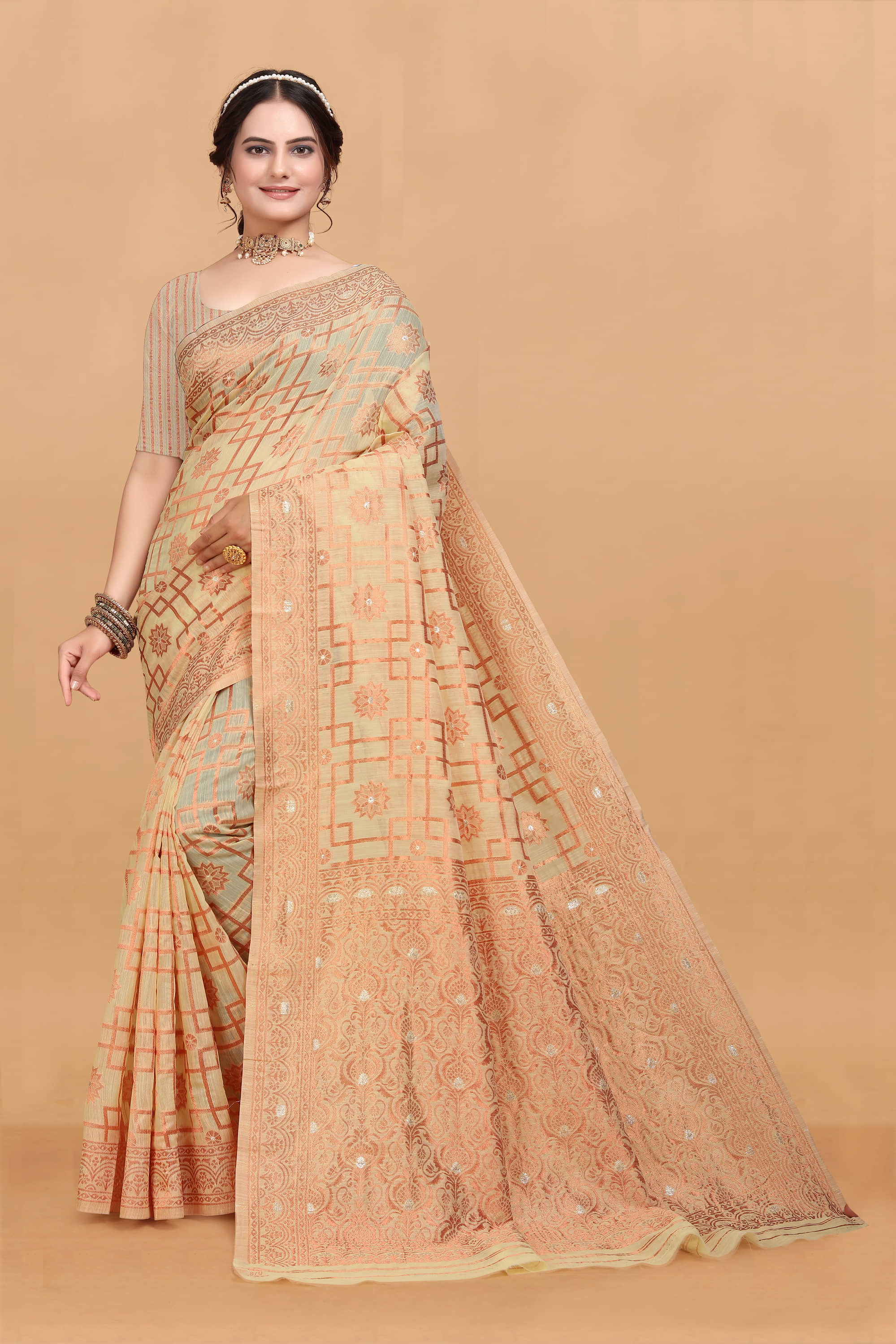 NENCY FASHION Linen Woven Saree With Unstitched Blouse Piece ( Rose Gold ) - Sarees | Buy online on ZillyBuy