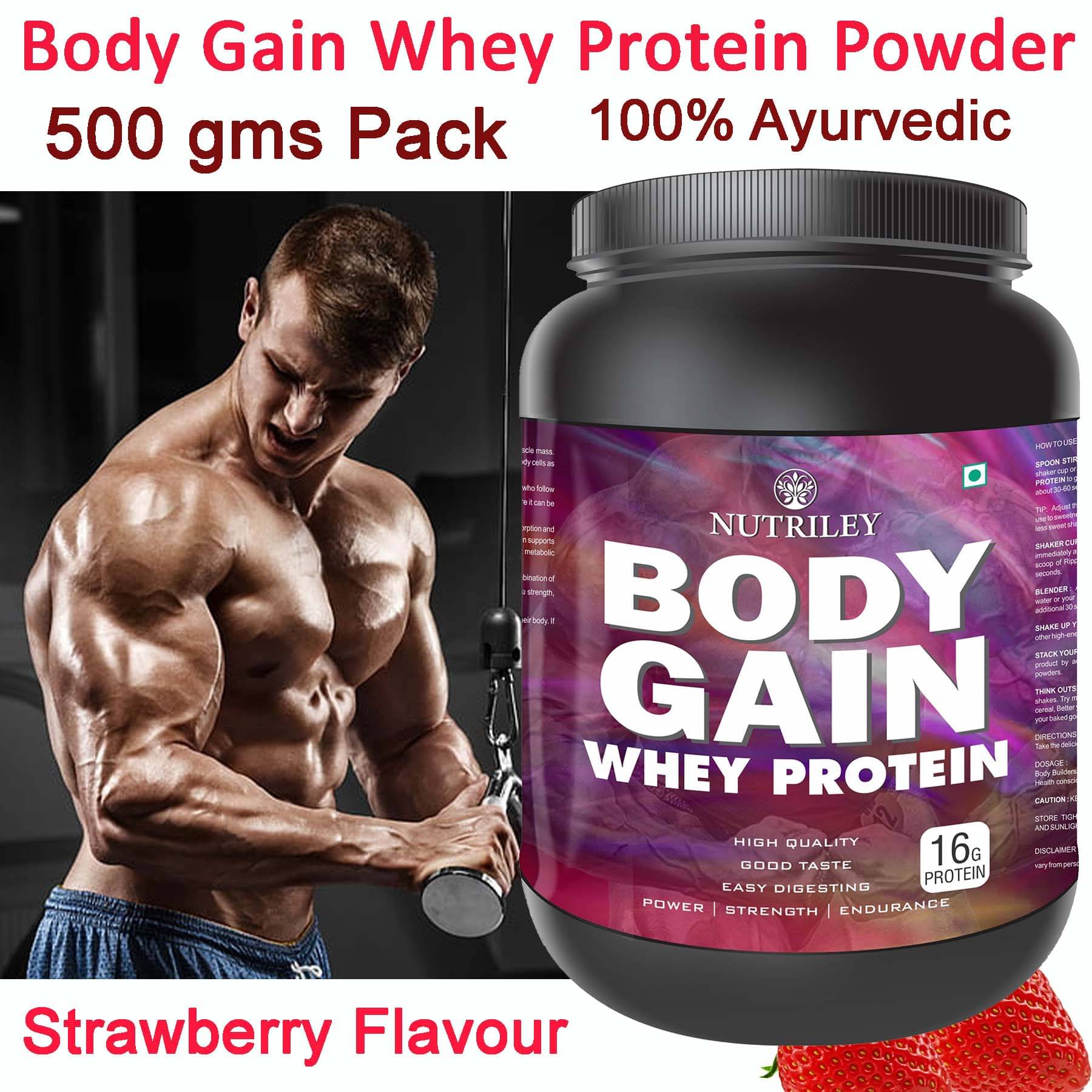 Nutriley Body Gain Whey Protein ( 500 gm , Strawberry - Flavour )     			Nutriley Body Gain Whey Protein ( 500 gm , Strawberry - Flavour )