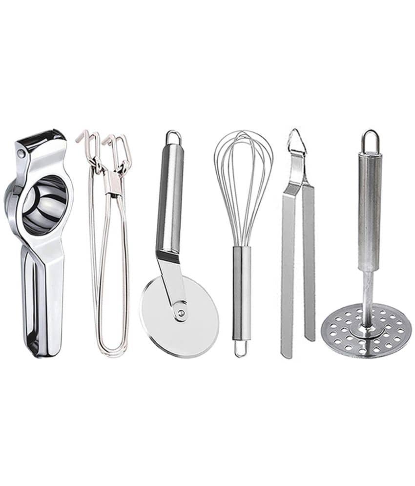 OC9 Silver Stainless Steel Lemon+Pakkad+Pizza Cutter+Whisk+Chimta+Masher ( Set of 6 )
