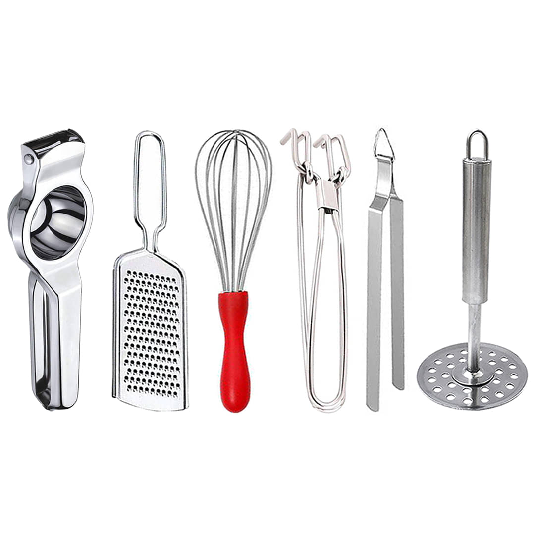     			OC9 Silver Stainless Steel Lemon+Cheese Grater+Whisk+Pakkad+Chimta+Masher ( Set of 6 )