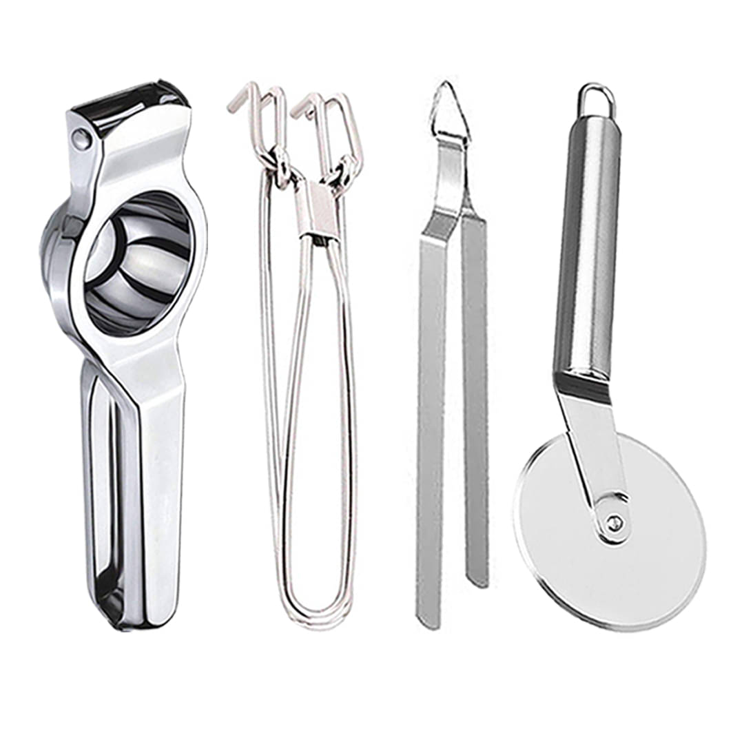     			OC9 Silver Stainless Steel Lemon Squeezer+Pakkad+Pizza Cutter+Chimta ( Set of 4 )