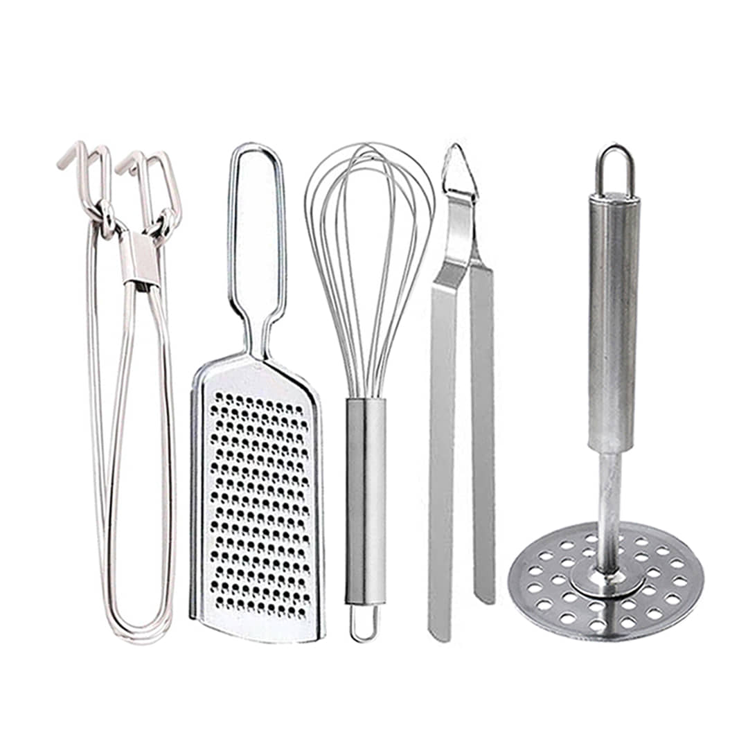 OC9 Silver Stainless Steel Pakkad+Cheese Grater+Whisk+Chimta+Masher ( Set of 5 )