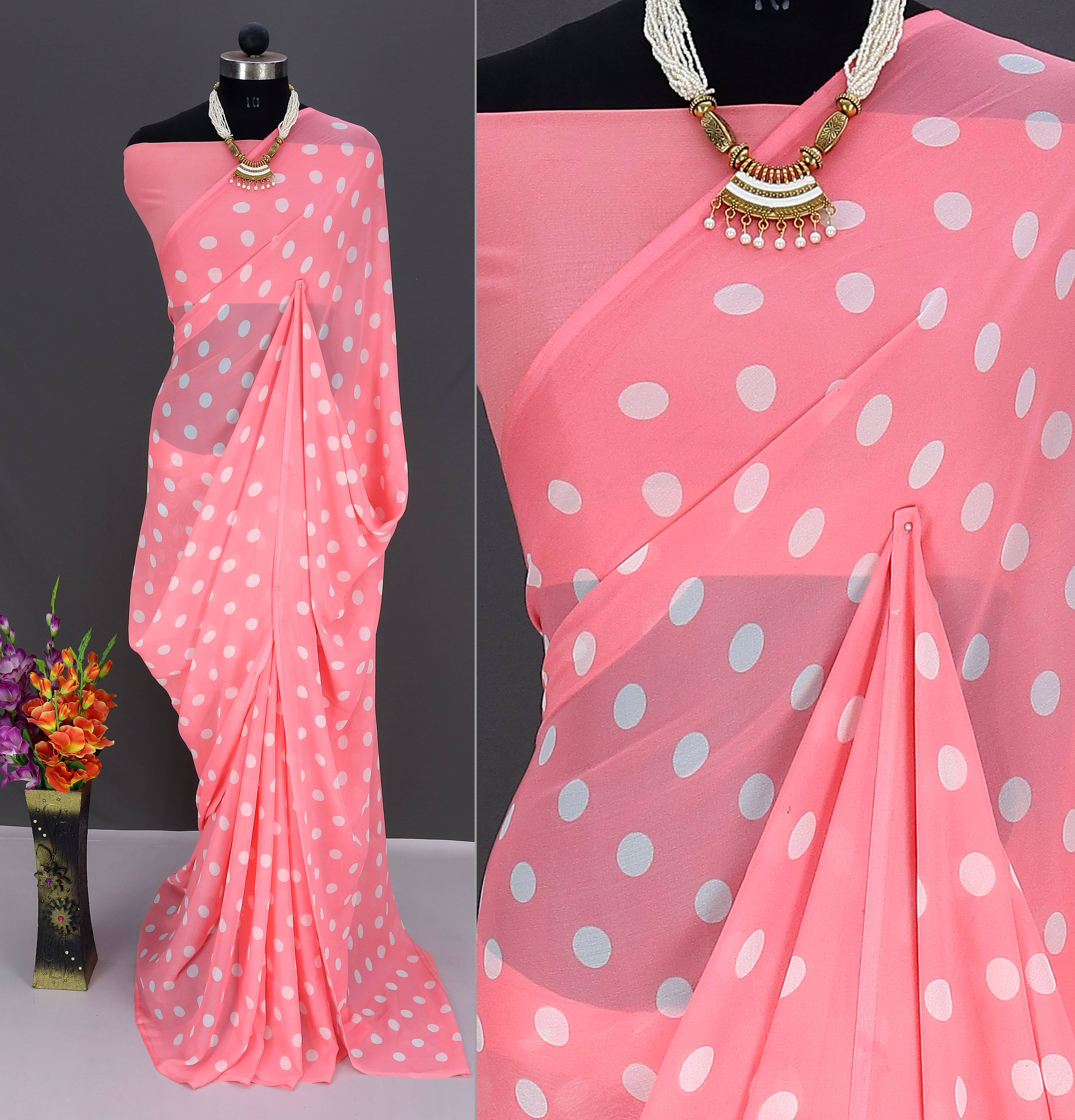 Rekha Maniyar Georgette Printed Saree With Unstitched Blouse Piece ( Pink ) - Sarees | Buy online on ZillyBuy