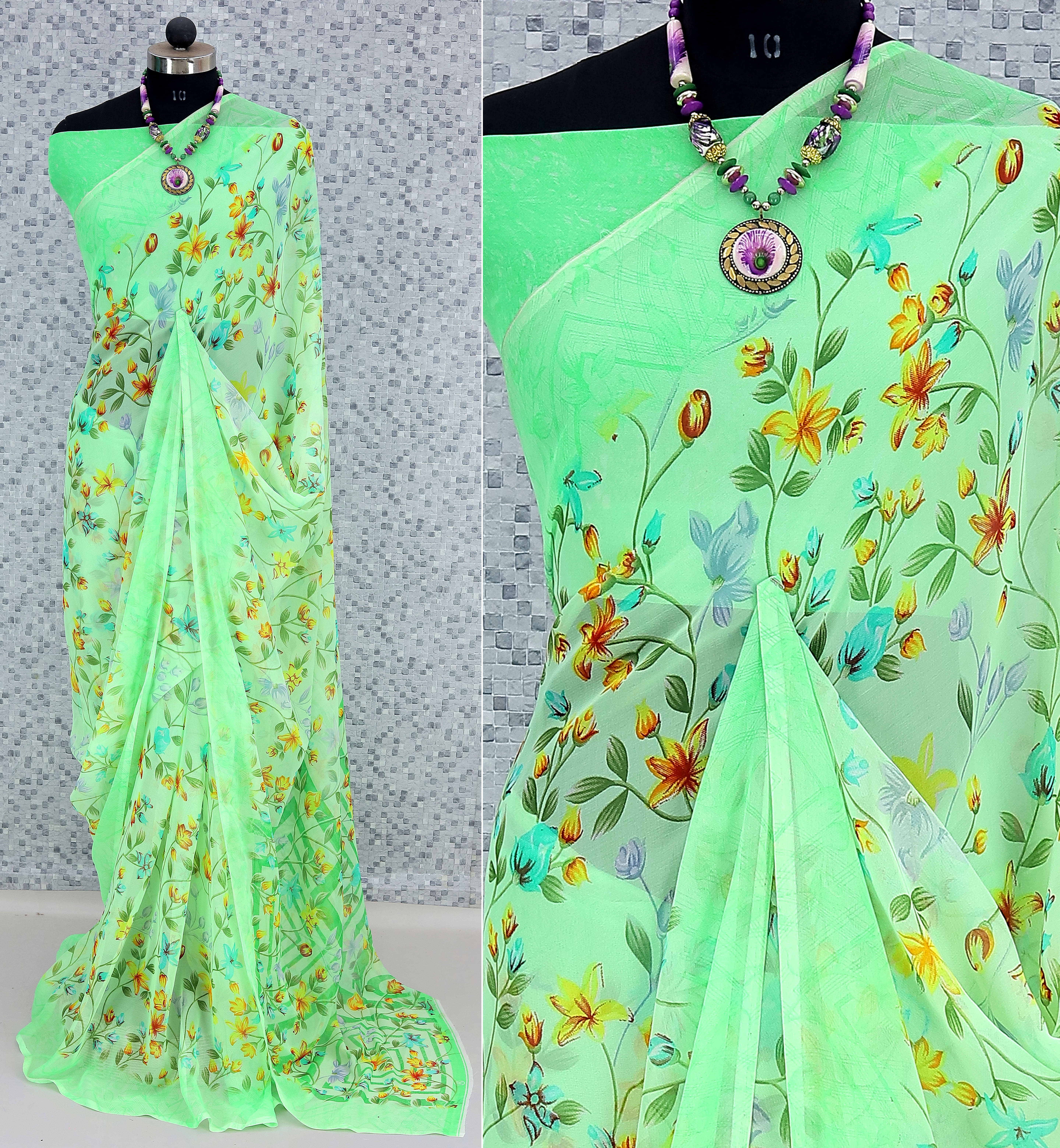     			Rekha Maniyar Georgette Printed Saree With Unstitched Blouse Piece ( Light Green )