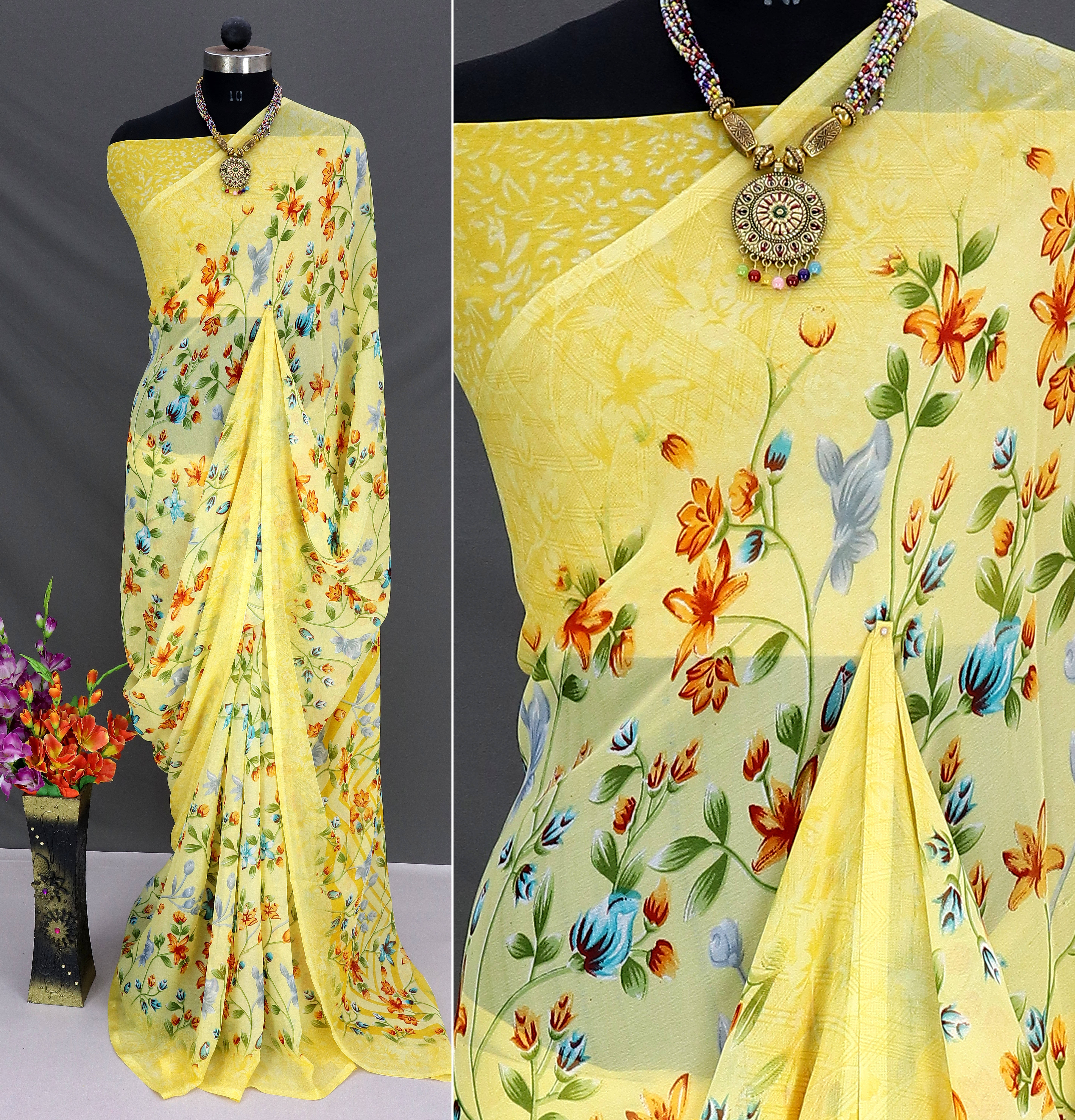     			Rekha Maniyar Georgette Printed Saree With Unstitched Blouse Piece ( Yellow )