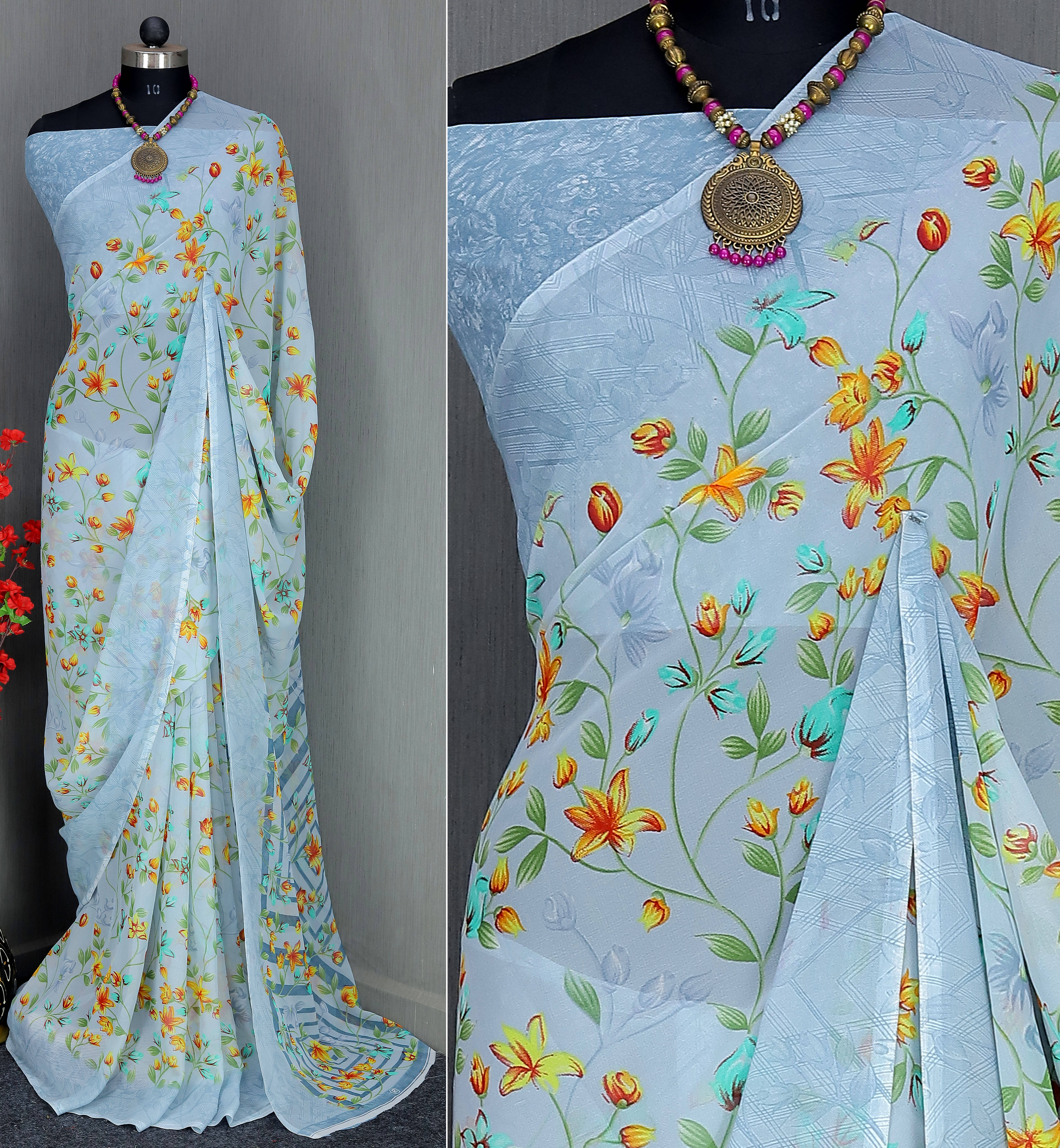 Rekha Maniyar Georgette Printed Saree With Unstitched Blouse Piece ( Grey ) Rekha Maniyar Georgette Printed Saree With Unstitched Blouse Piece ( Grey )