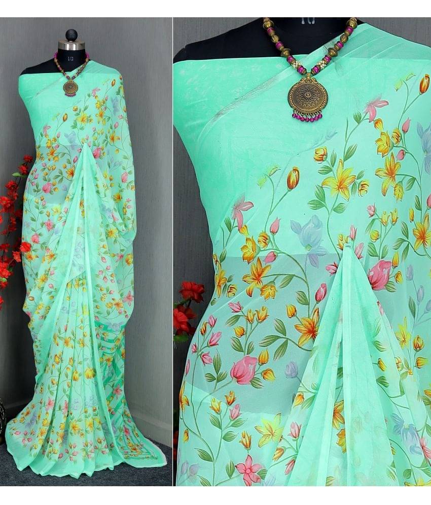 Rekha Maniyar Georgette Printed Saree With Unstitched Blouse Piece ( Mint Green ) Rekha Maniyar Georgette Printed Saree With Unstitched Blouse Piece ( Mint Green )