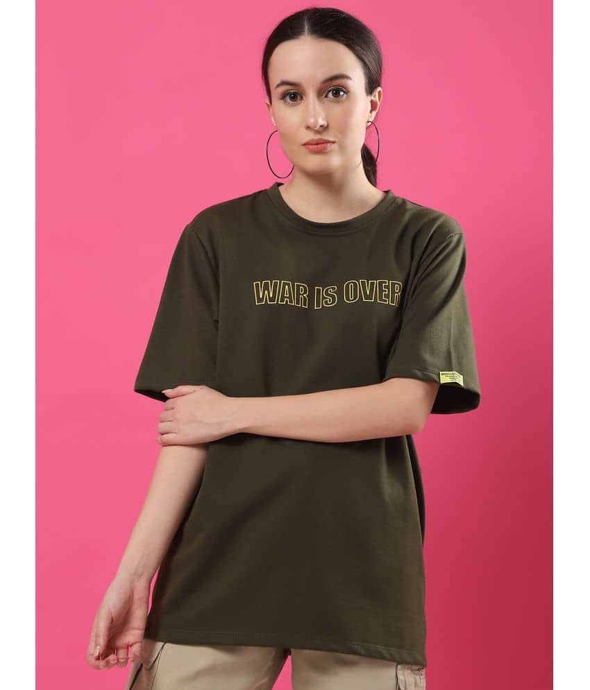 Rigo Women Cotton Blend Printed Oversized Fit Round Neck T-Shirt ( Green )