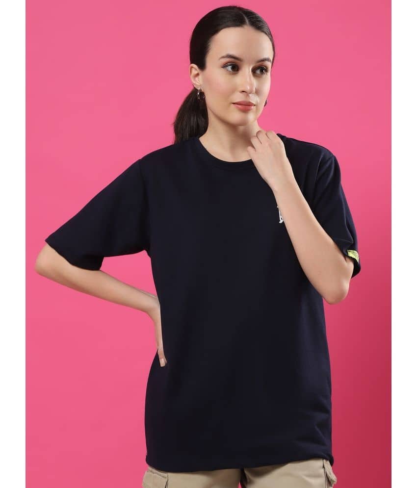 Rigo Women Cotton Blend Printed Oversized Fit Round Neck T-Shirt ( Navy )
