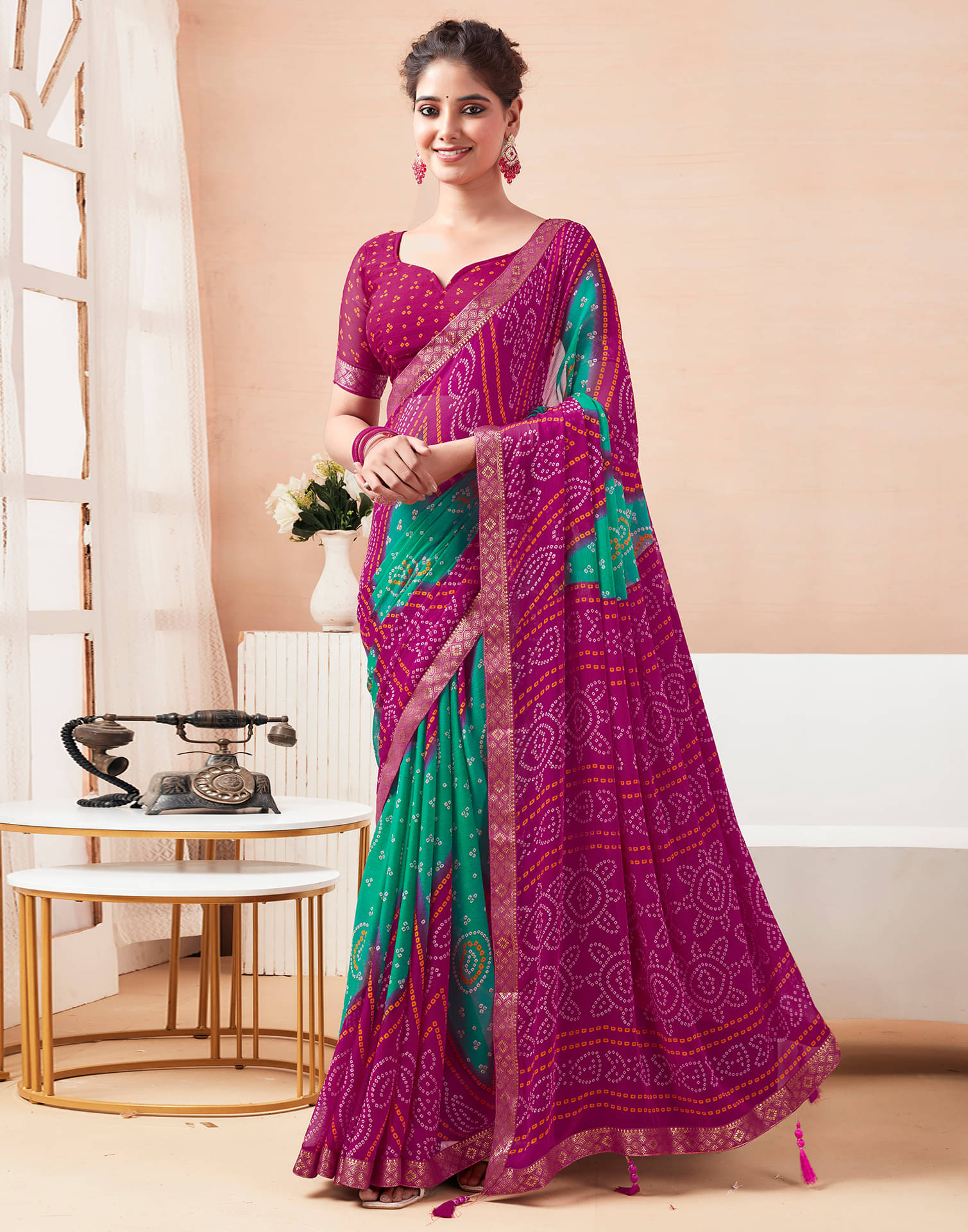     			Samah Chiffon Printed Saree With Unstitched Blouse Piece ( Pink )