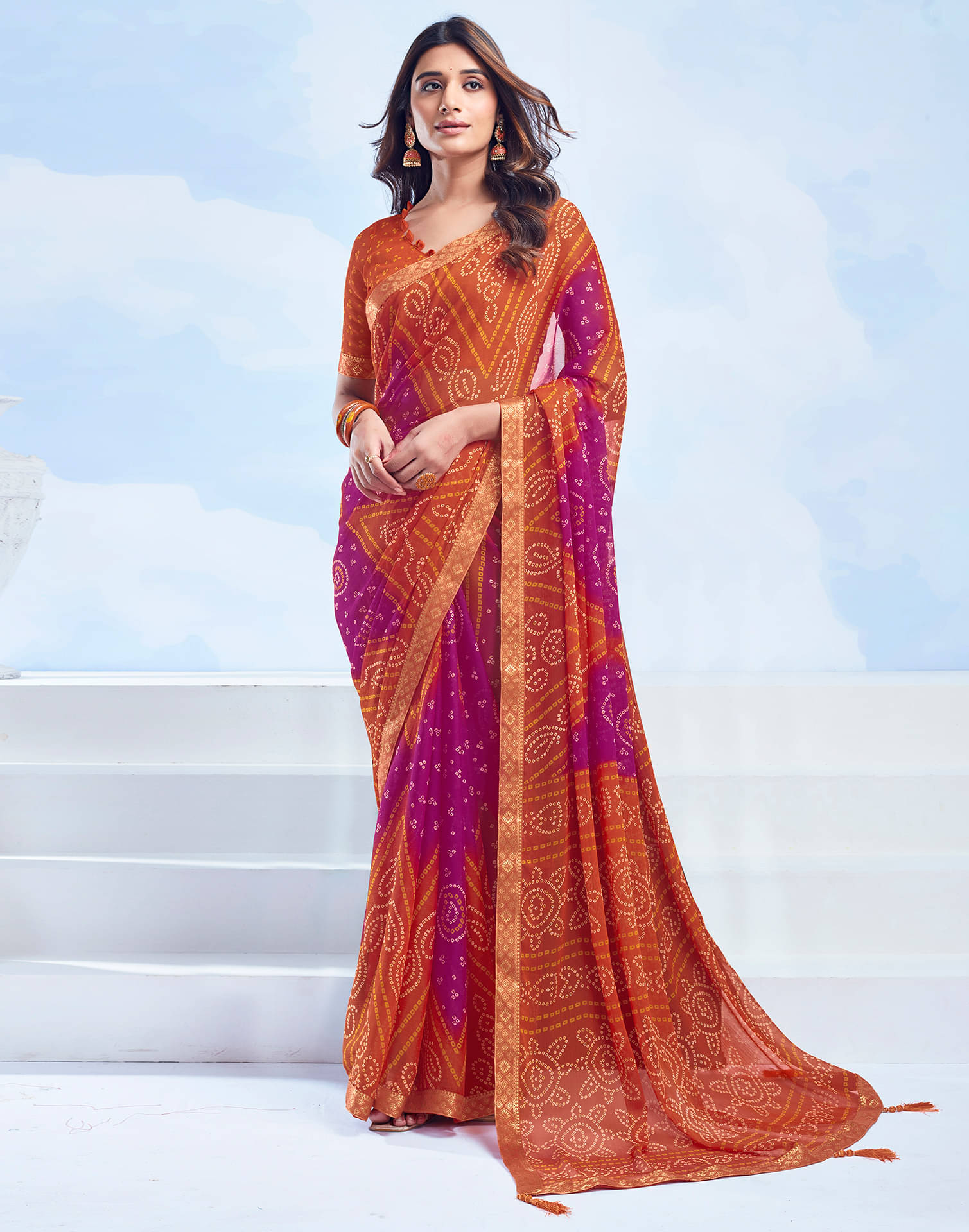 Samah Chiffon Printed Saree With Unstitched Blouse Piece ( Orange ) Samah Chiffon Printed Saree With Unstitched Blouse Piece ( Orange )