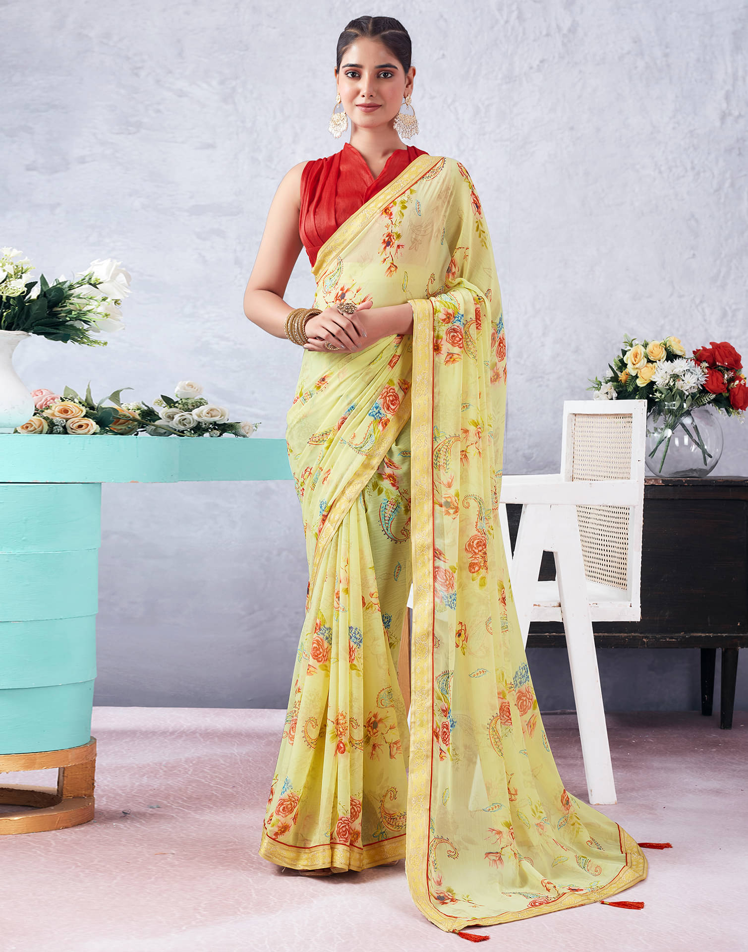 Samah Chiffon Printed Saree With Unstitched Blouse Piece ( Yellow1 ) Samah Chiffon Printed Saree With Unstitched Blouse Piece ( Yellow1 )