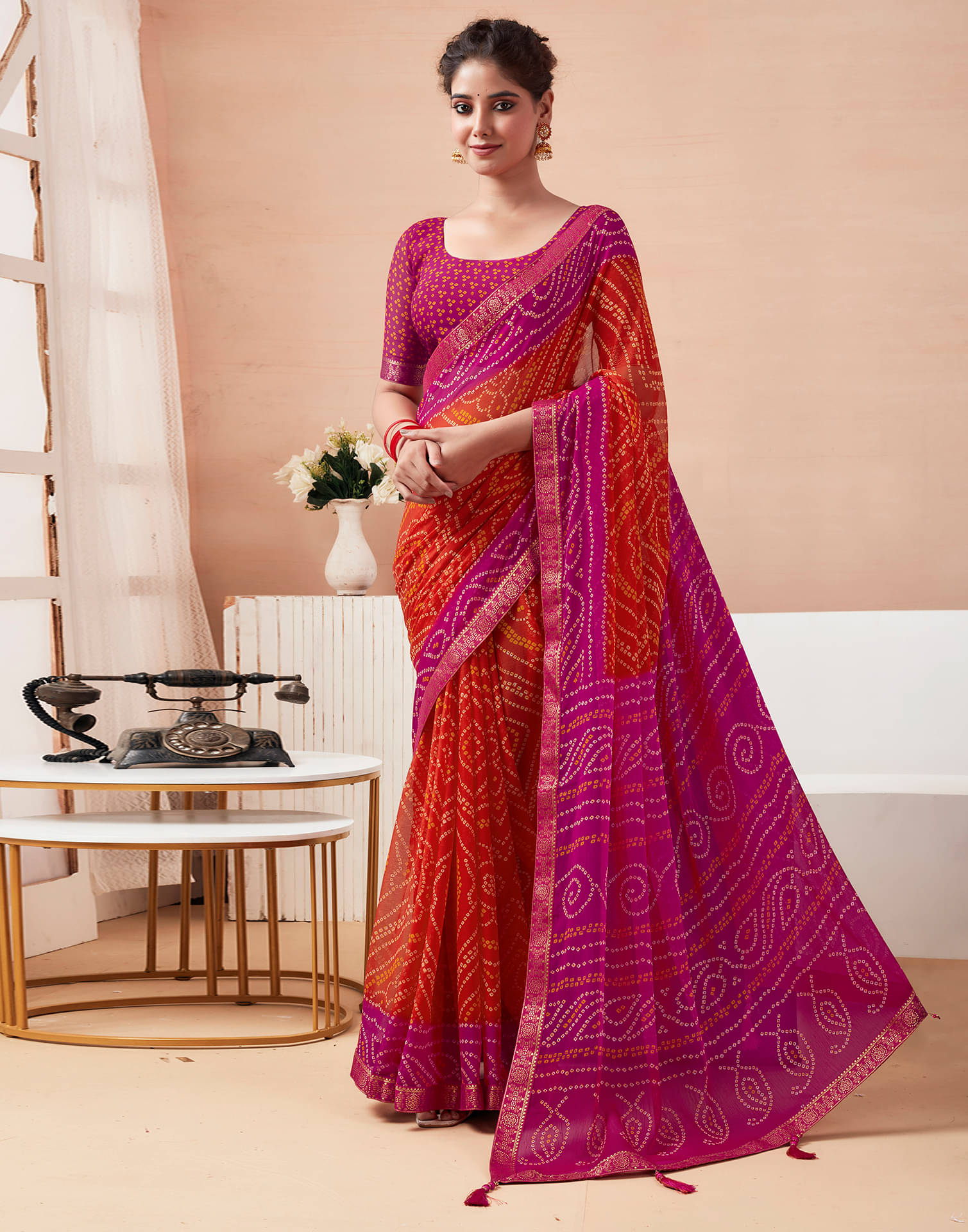Samah Chiffon Printed Saree With Unstitched Blouse Piece ( Red ) Samah Chiffon Printed Saree With Unstitched Blouse Piece ( Red )