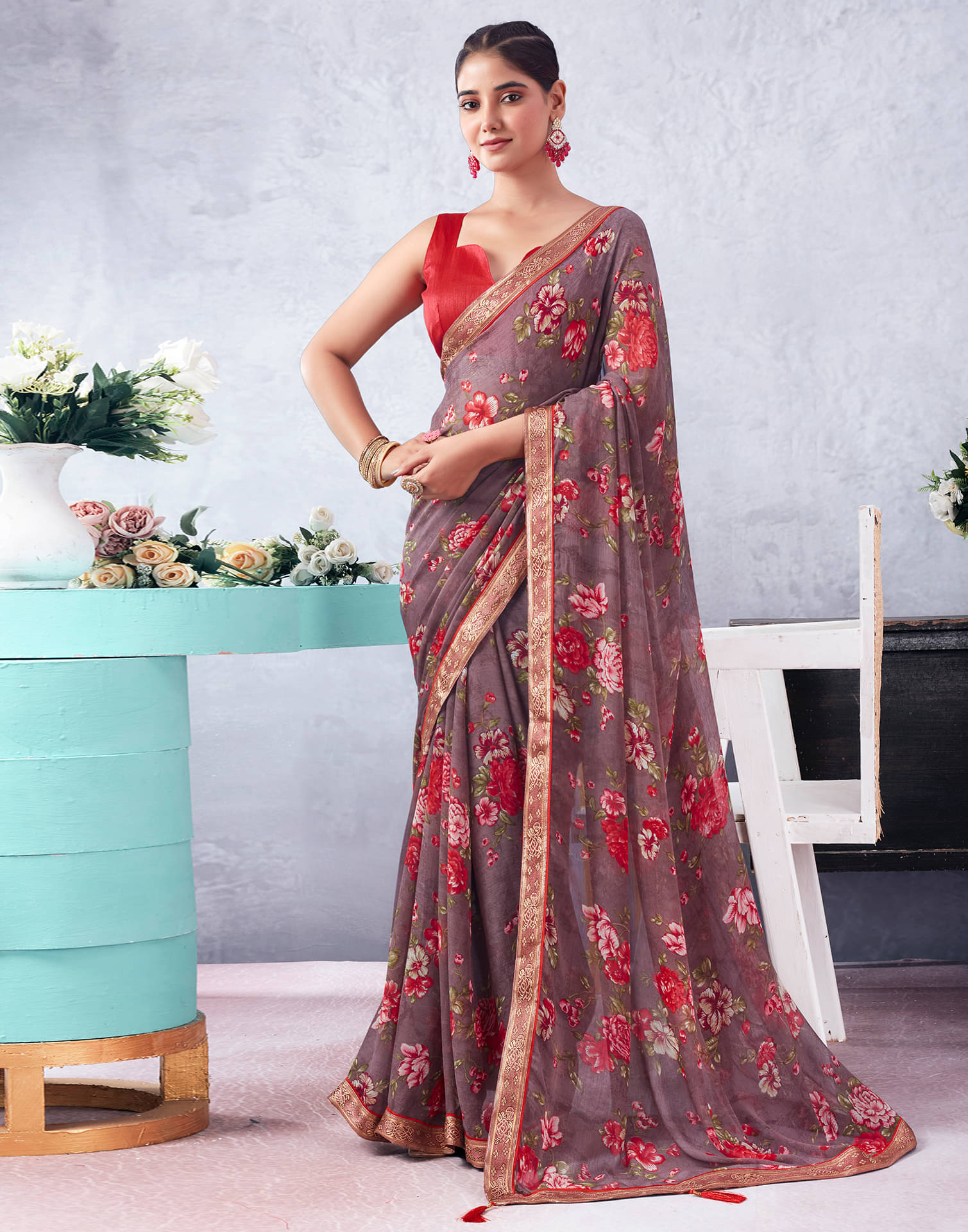 Samah Chiffon Printed Saree With Unstitched Blouse Piece ( Mauve ) Samah Chiffon Printed Saree With Unstitched Blouse Piece ( Mauve )
